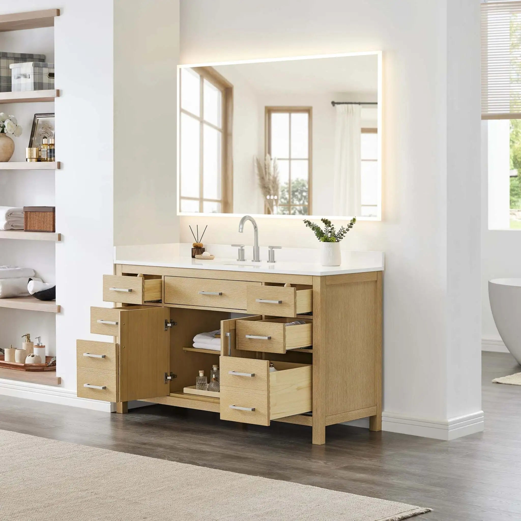 60" Beckett Single Bathroom Vanity in Whitewashed Oak with Brushed Nickel Trim by Wyndham