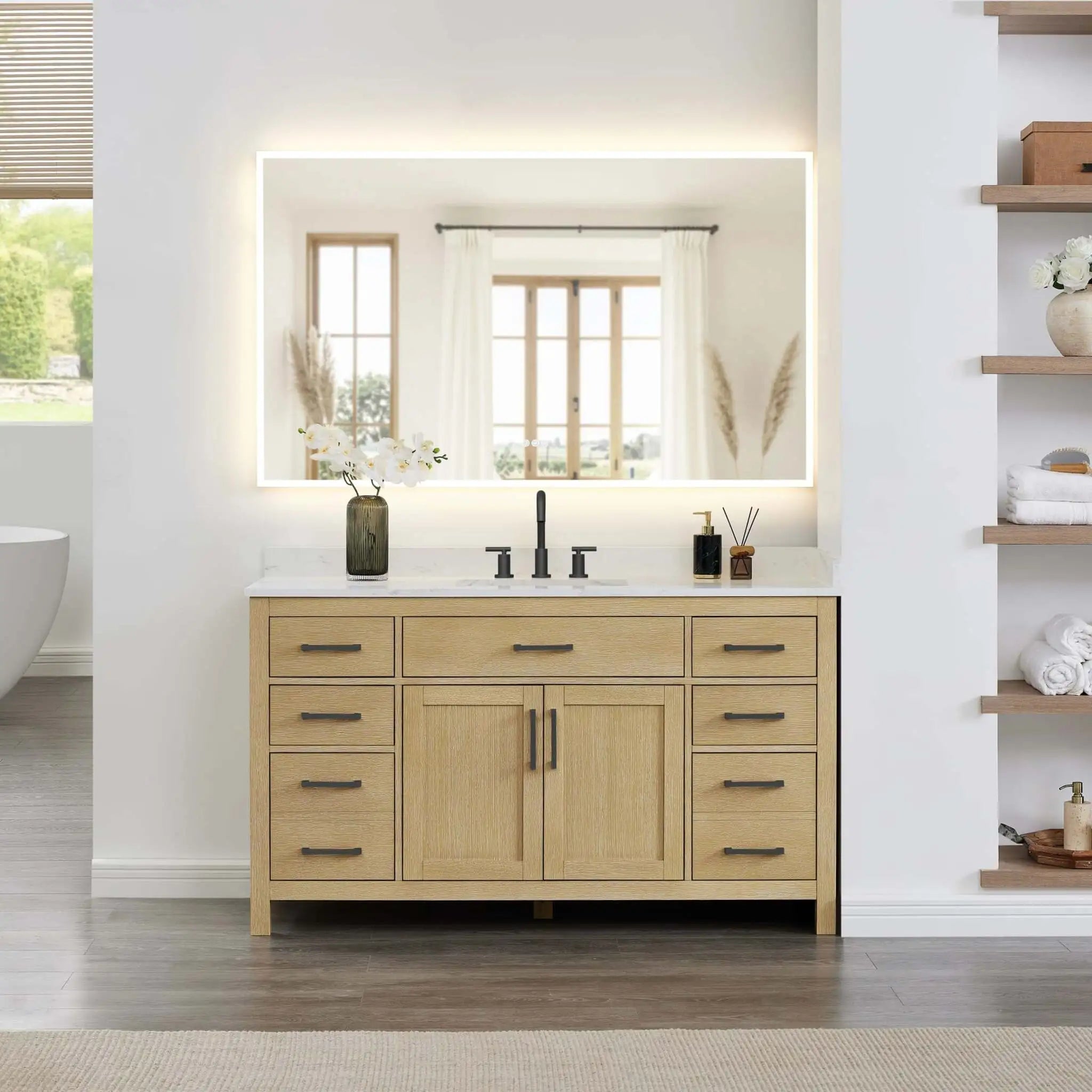 60" Beckett Single Bathroom Vanity in Whitewashed Oak with Matte Black Trim by Wyndham