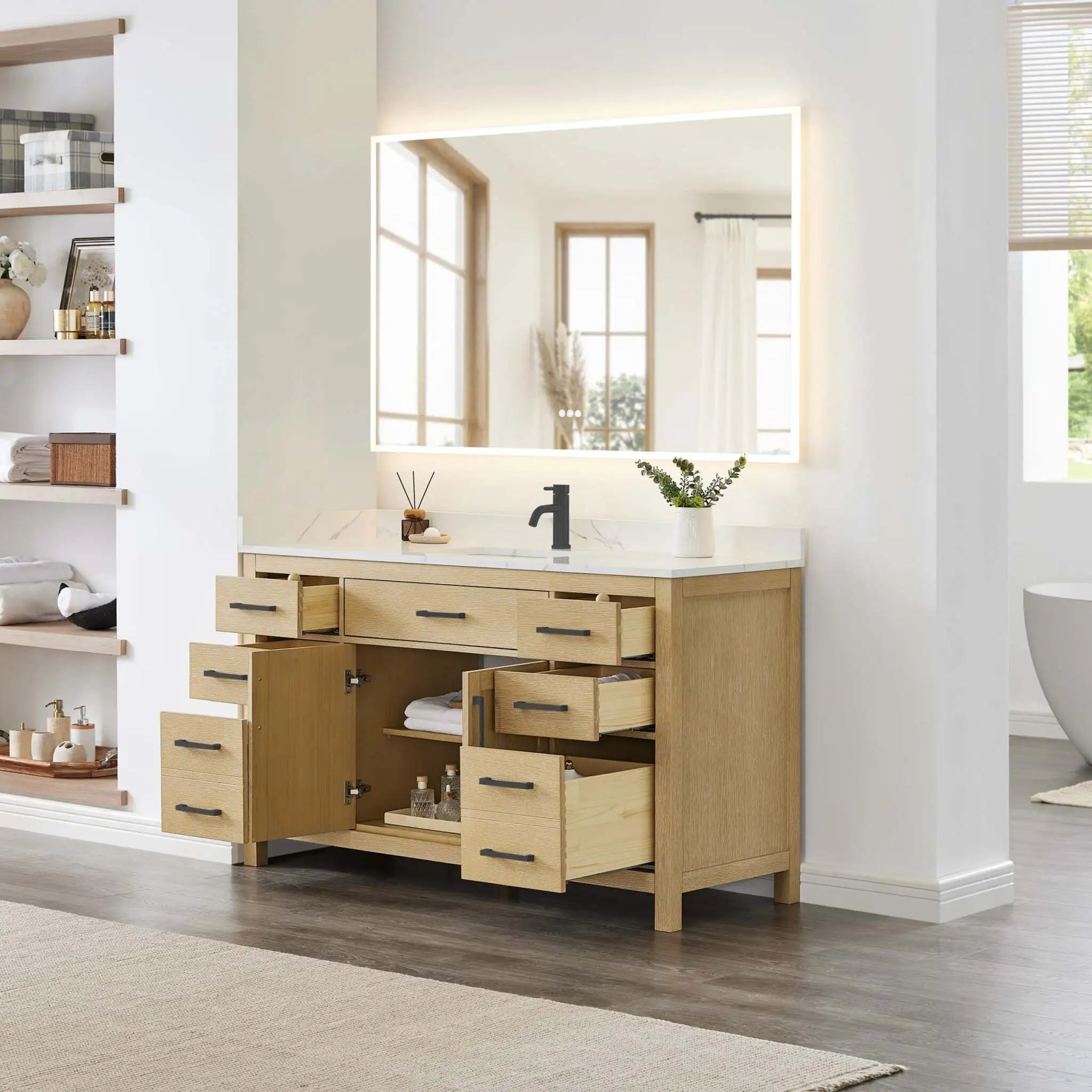 60" Beckett Single Bathroom Vanity in Whitewashed Oak with Matte Black Trim by Wyndham
