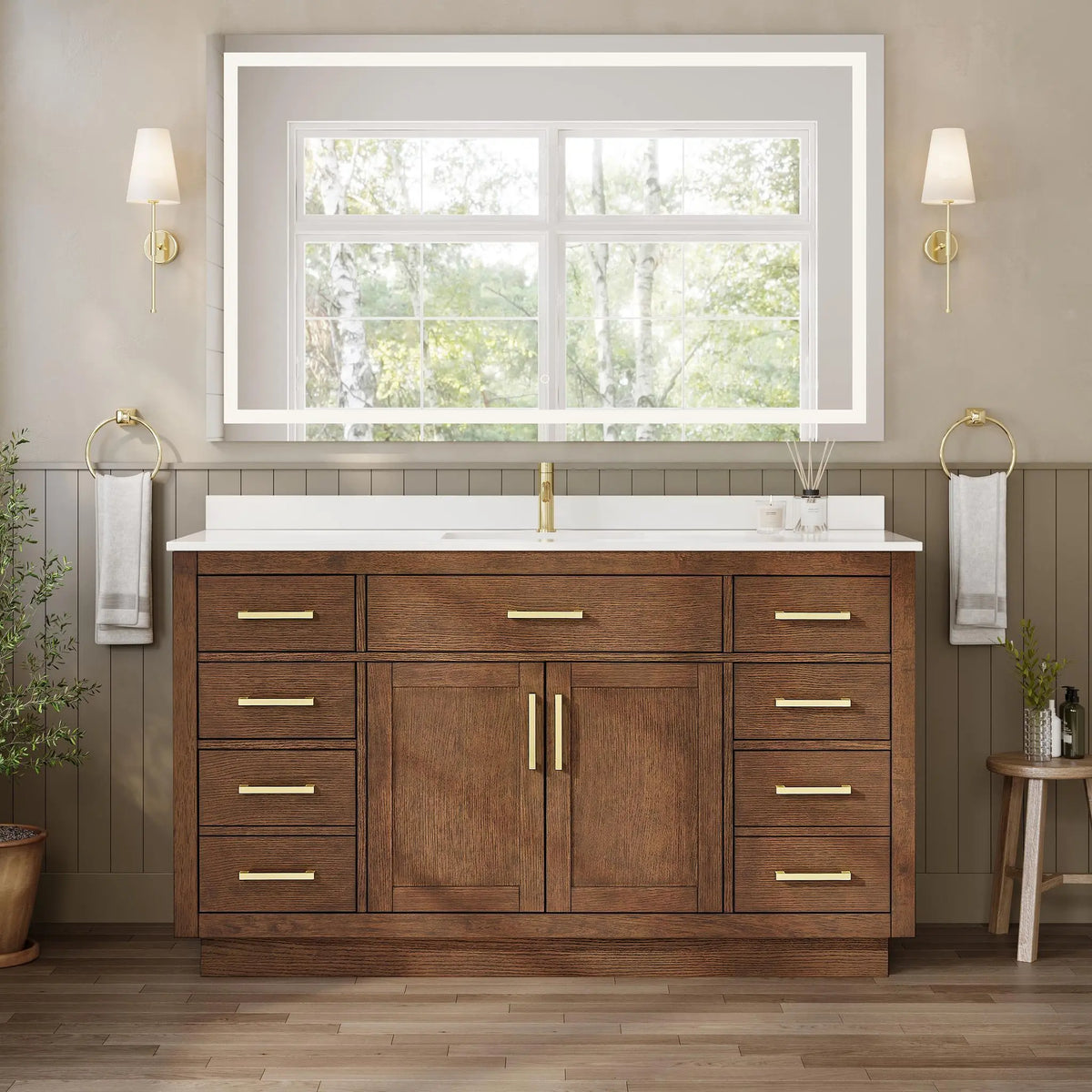 60" Beckett Single Bathroom Vanity with Toe Kick Dark Oak Brushed Gold Trim by wyndham View 9