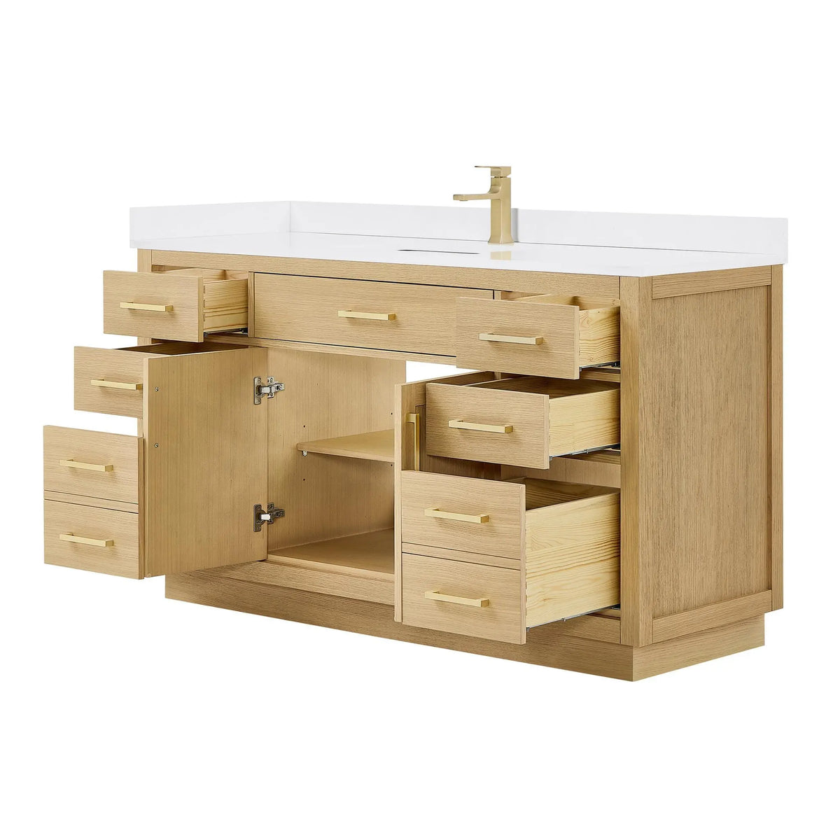 60" Beckett Single Bathroom Vanity with Toe Kick Rift Oak Brushed Gold Trim by wyndham View 8