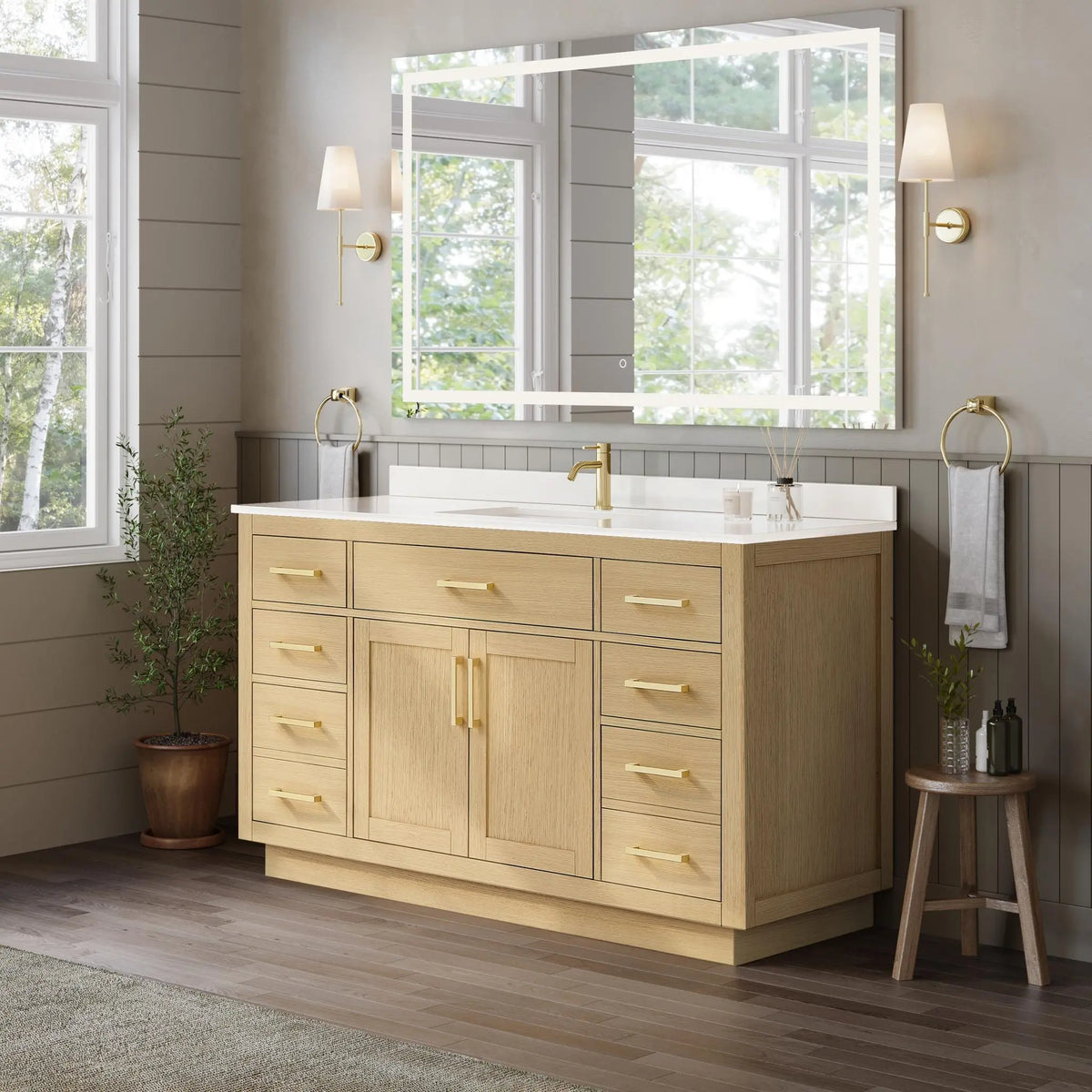 60" Beckett Single Bathroom Vanity with Toe Kick Rift Oak Brushed Gold Trim by wyndham View 7