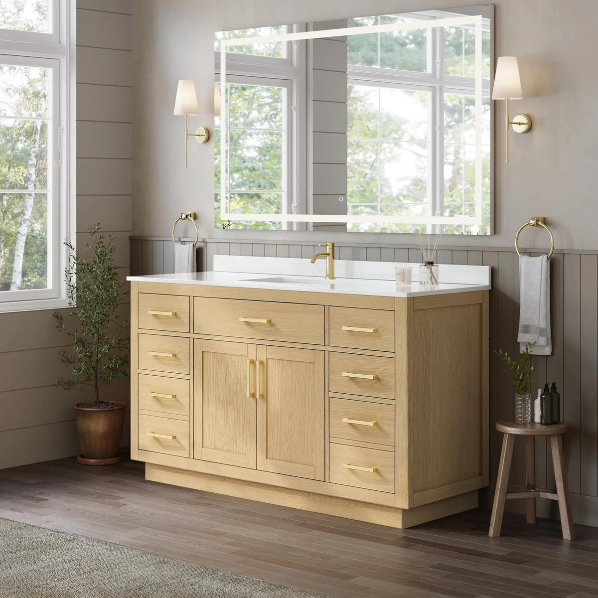 60" Beckett Single Bathroom Vanity with Toe Kick Rift Oak Brushed Gold Trim by wyndham View 22