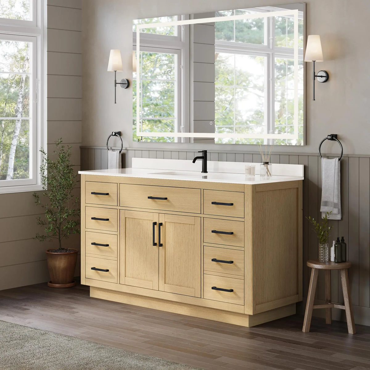 60" Beckett Single Bathroom Vanity with Toe Kick Rift Oak Matte Black Trim by wyndham View 7