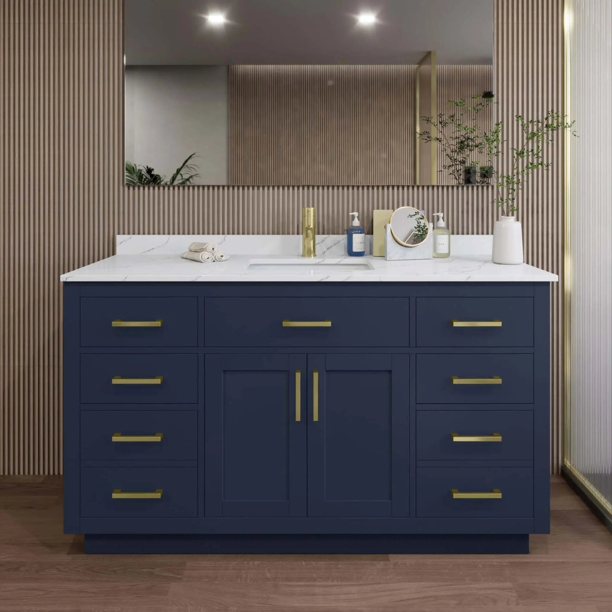60" Beckett TK Beckett Single Bathroom Vanity with Toe Kick in Dark Blue with Brushed Gold Trim by Wyndham
