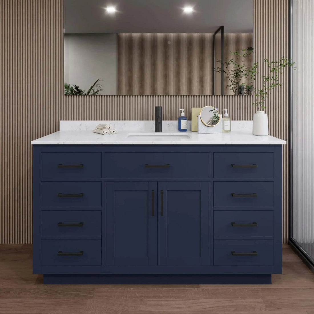60" Beckett TK Beckett Single Bathroom Vanity with Toe Kick in Dark Blue with Matte Black Trim by Wyndham