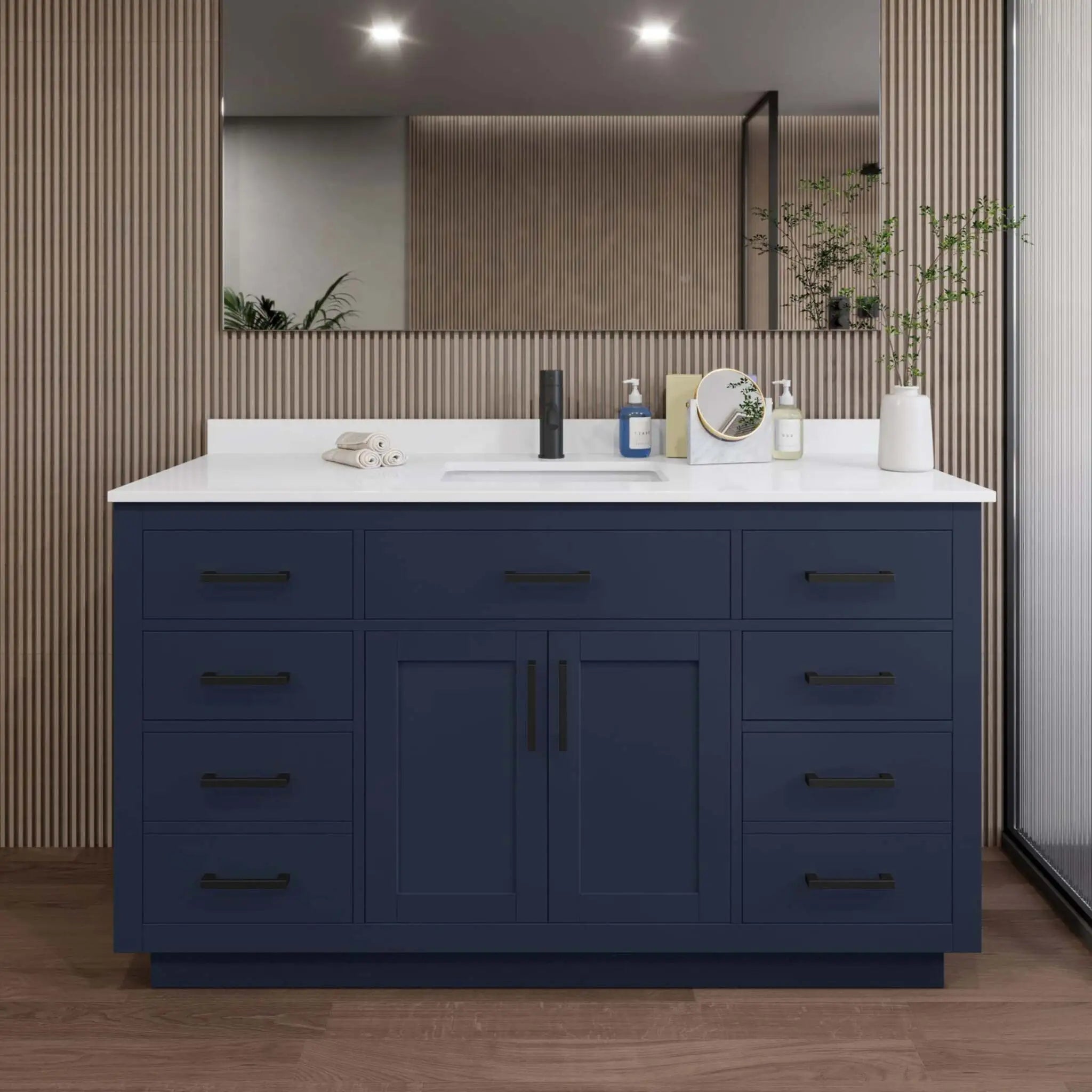 60" Beckett TK Beckett Single Bathroom Vanity with Toe Kick in Dark Blue with Matte Black Trim by Wyndham