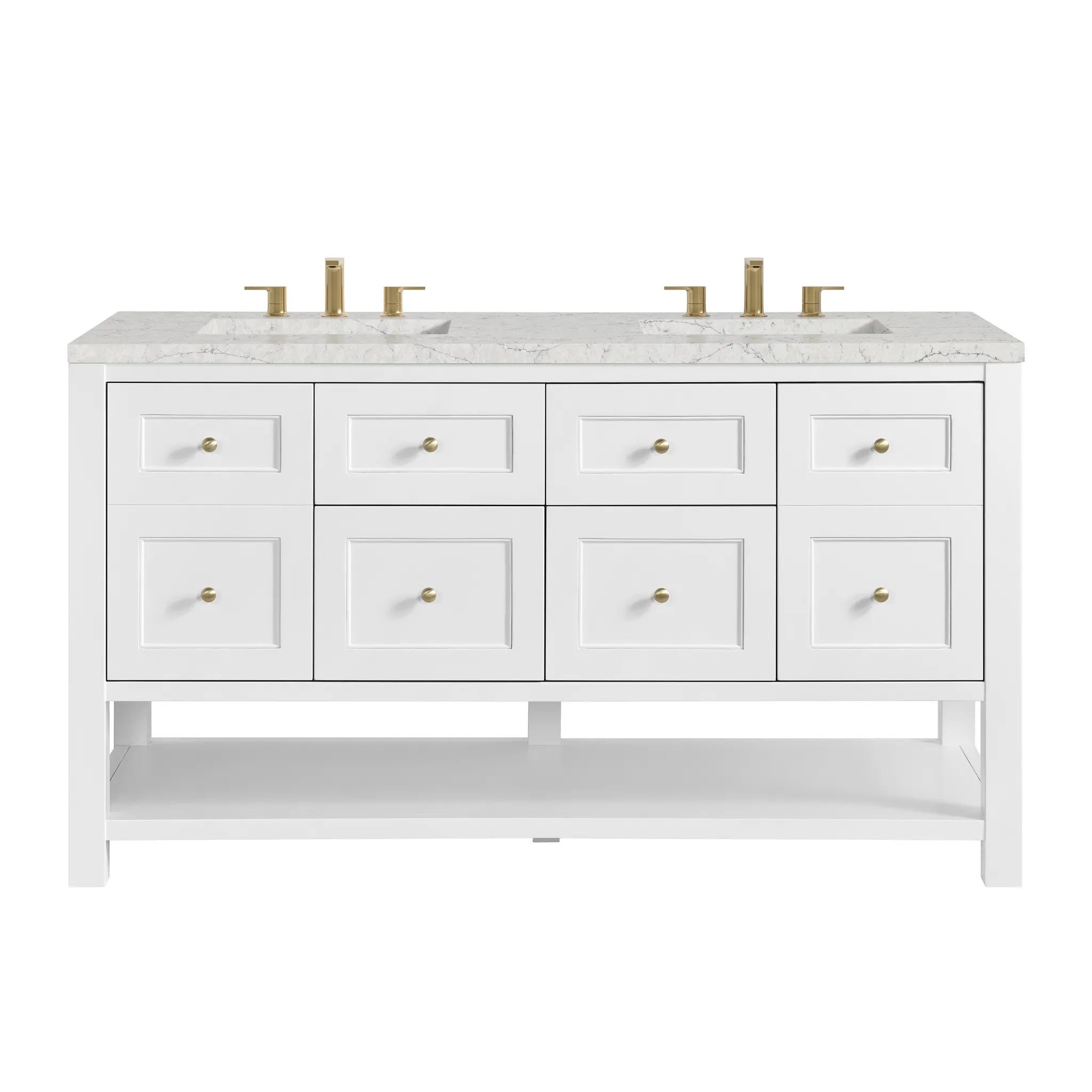 60" Breckenridge Double Vanity in Bright White-Eternal Jasmine Pearl Silestone-8" Widespread image