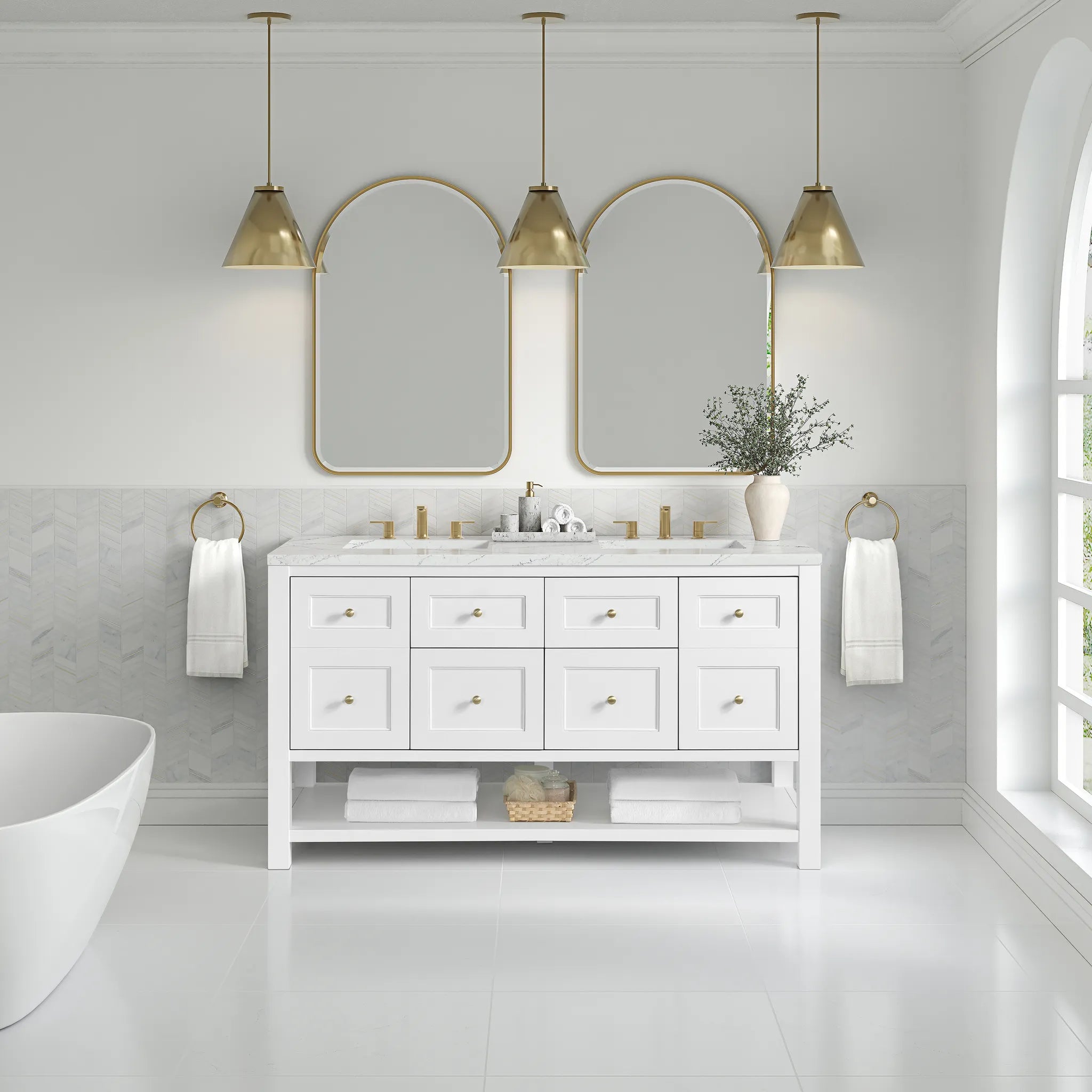 60" Breckenridge Double Vanity in Bright White-Ethereal Noctis Silestone-8" Widespread image 1