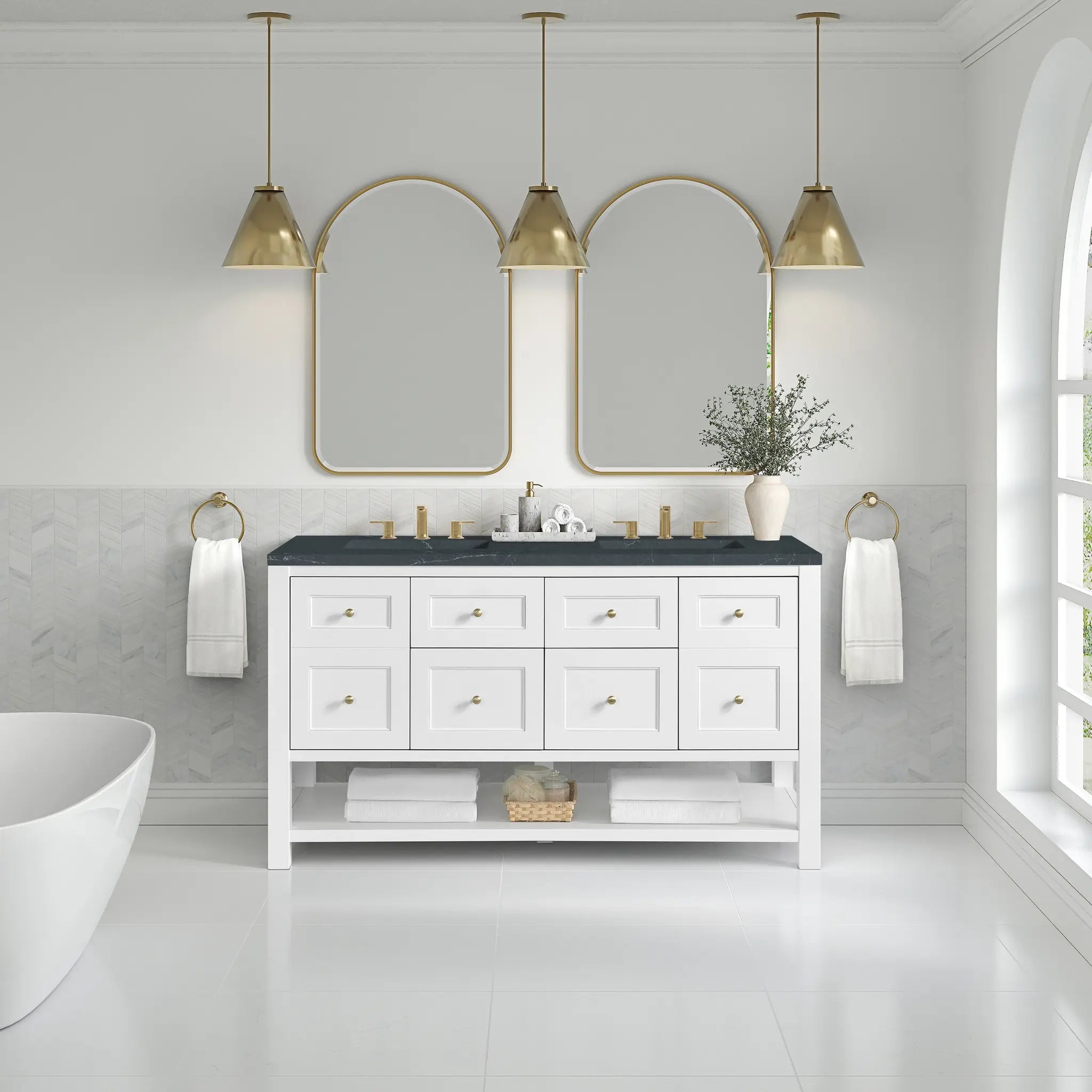 60 Breckenridge Double Vanity In Bright White Standard Charcoal Soapstone Silestone 8 Widespread 3