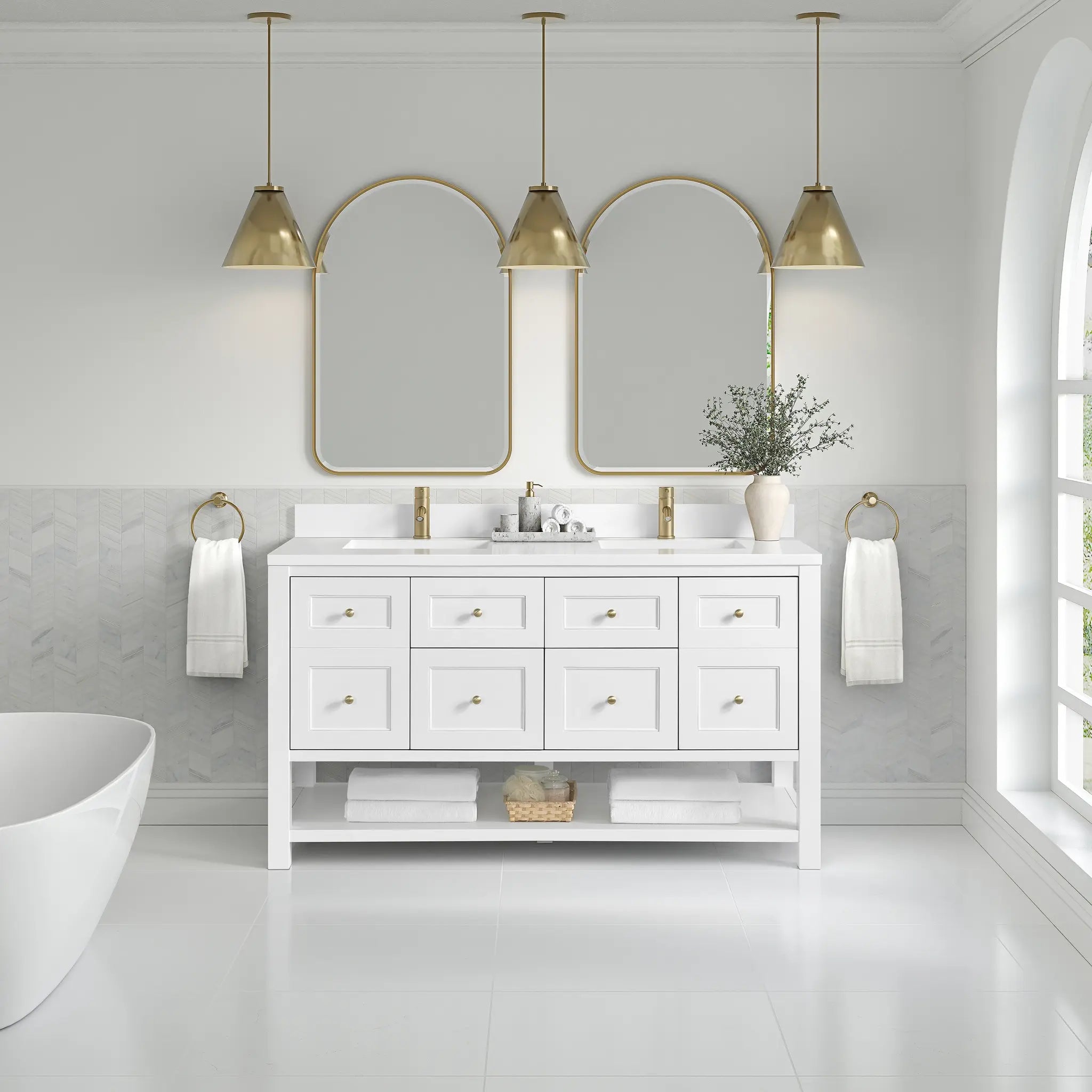 60 Breckenridge Double Vanity In Bright White Standard White Zeus Silestone Backsplash Single Hole 3