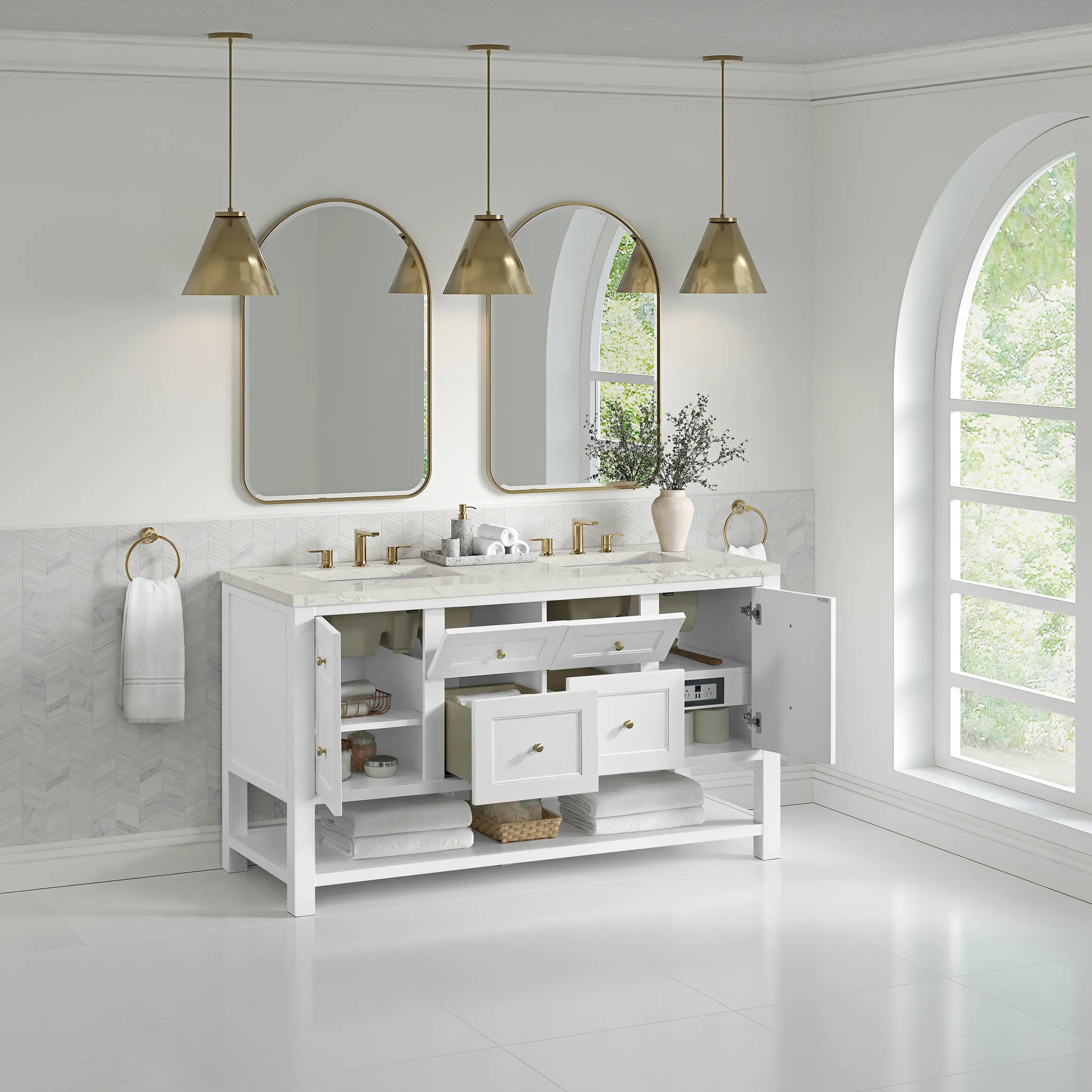 60" Breckenridge Double Vanity in Bright White-Victorian Silver Silestone-8" Widespread image 3