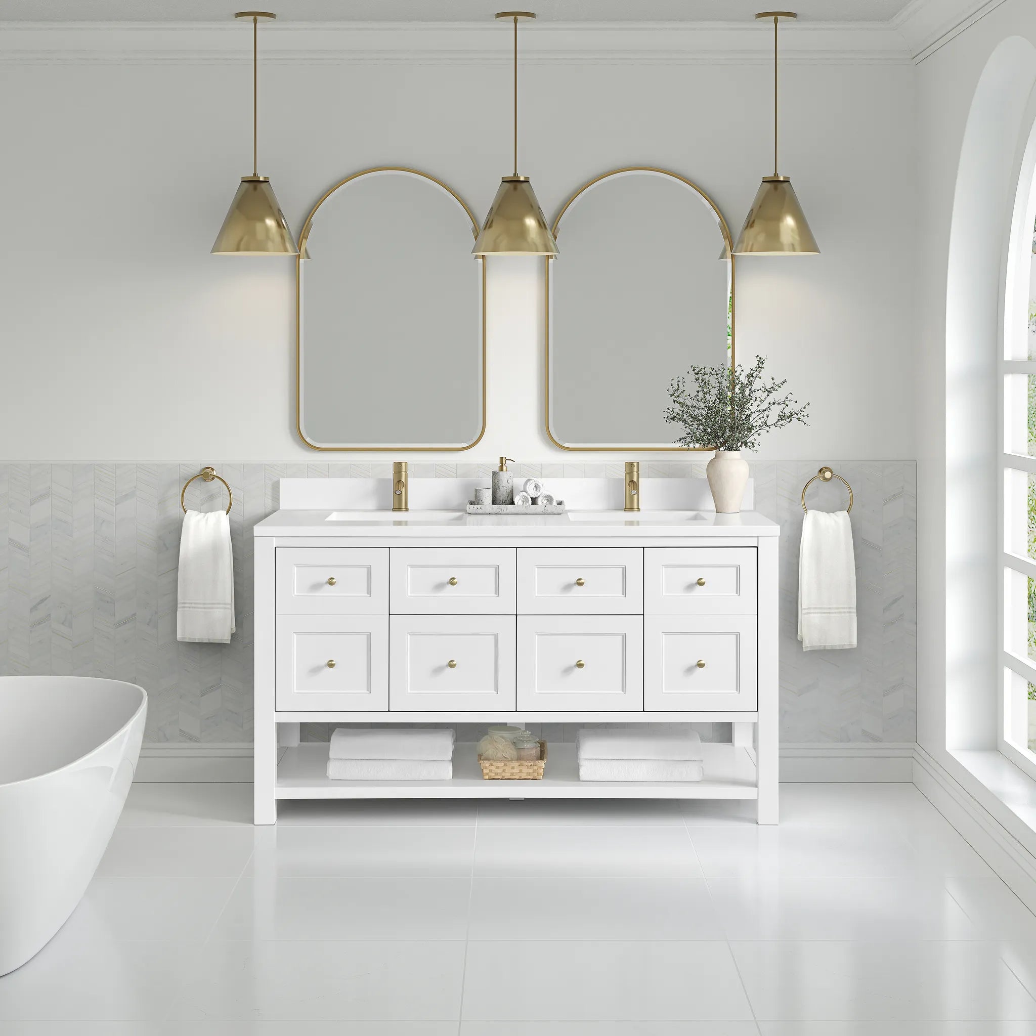 60" Breckenridge Double Vanity in Bright White-White Zeus Silestone & Backsplash-Single Hole image 1