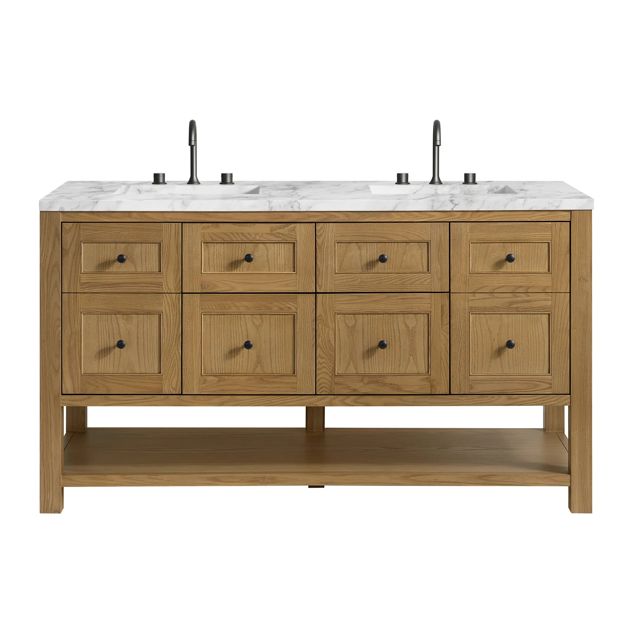 60" Breckenridge Double Vanity in Light Natural Oak-Carrara White Marble-8" Widespread image