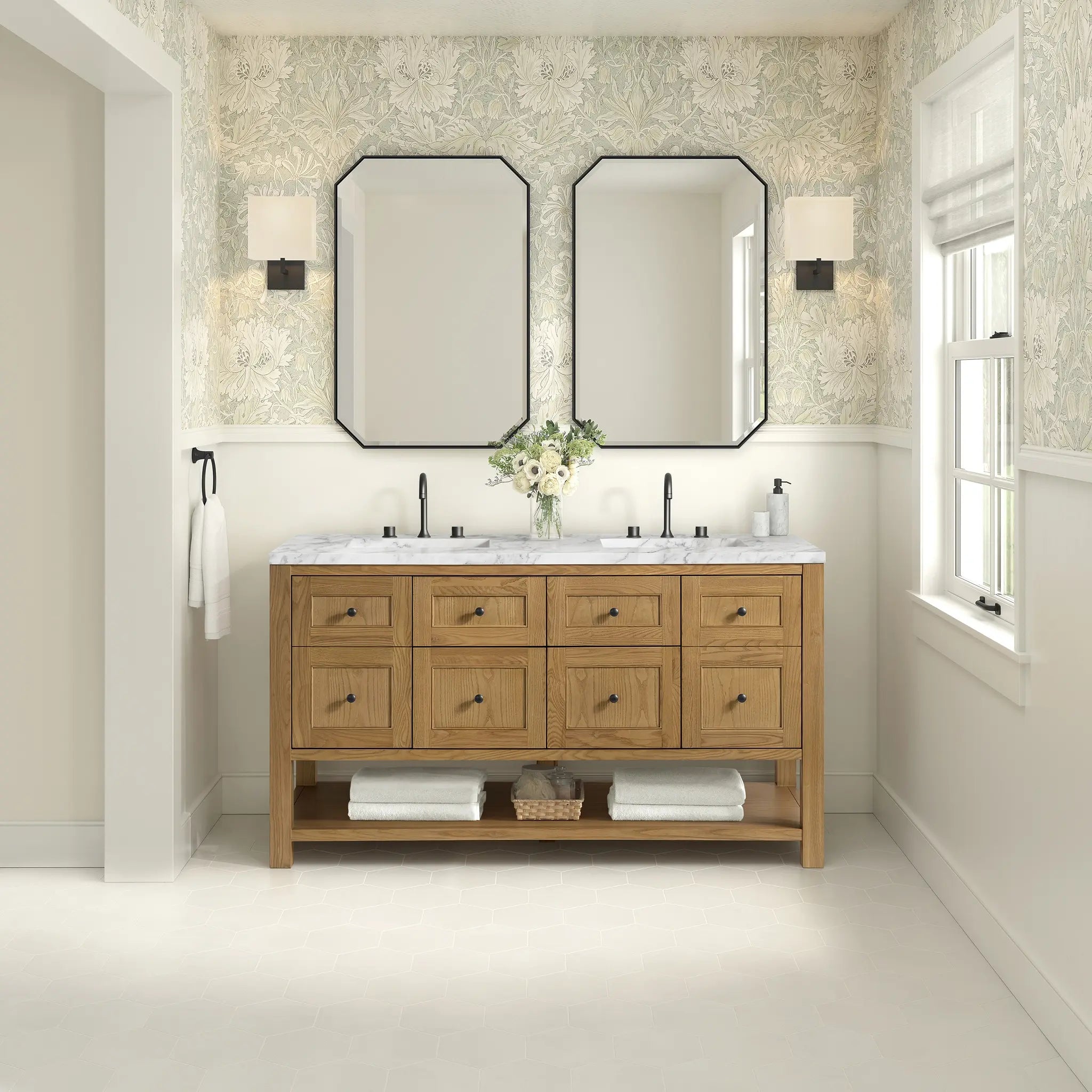60 Breckenridge Double Vanity In Light Natural Oak Standard Carrara White Marble 8 Widespread 3
