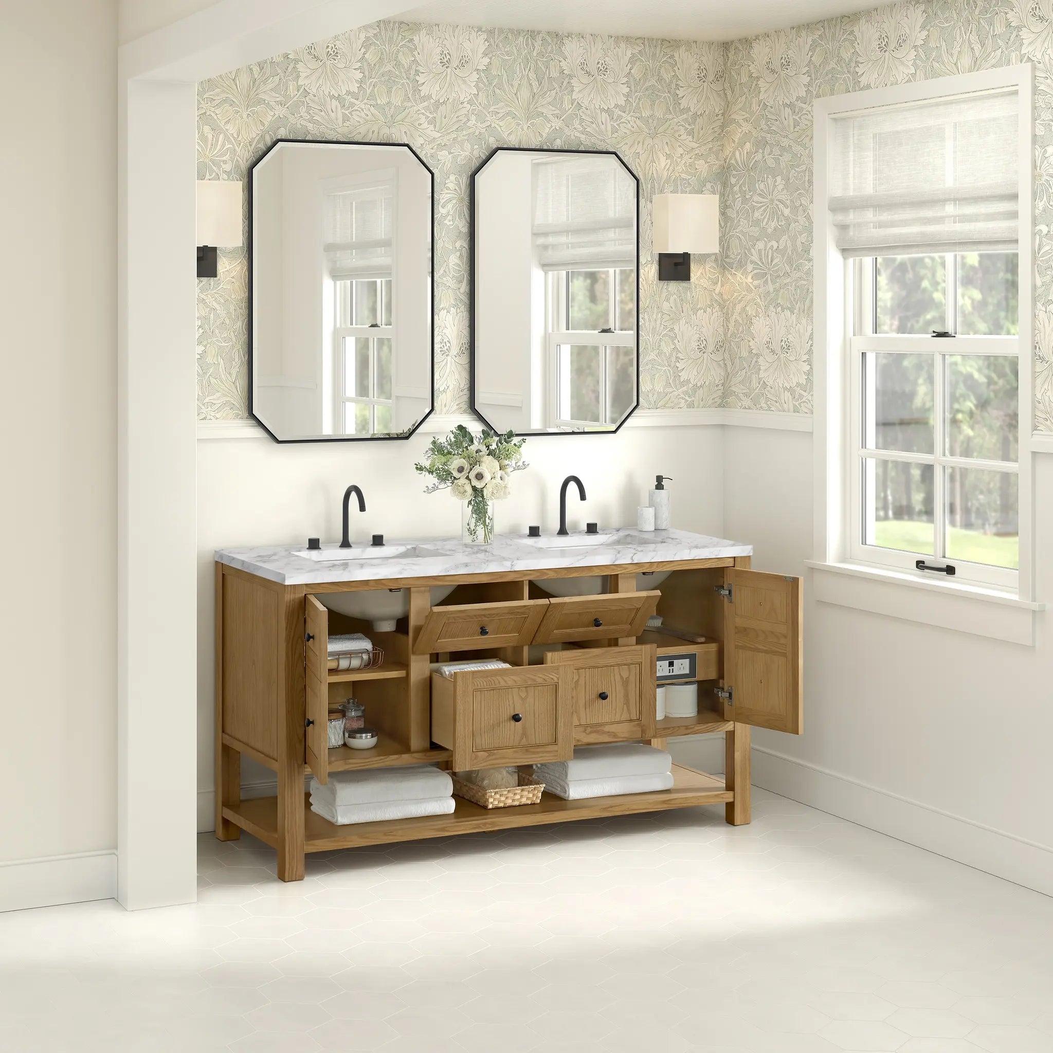 60 Breckenridge Double Vanity In Light Natural Oak Standard Carrara White Marble 8 Widespread 5
