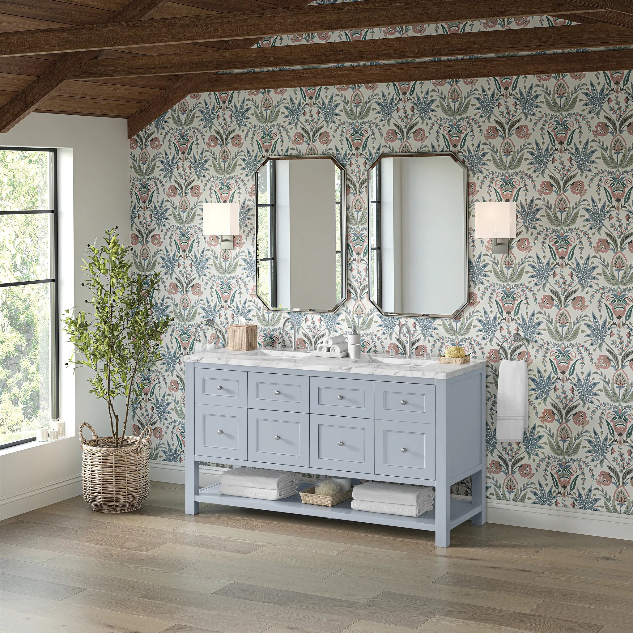 60" Breckenridge Double Vanity in Serenity Blue-Carrara White Marble-8" Widespread image 3