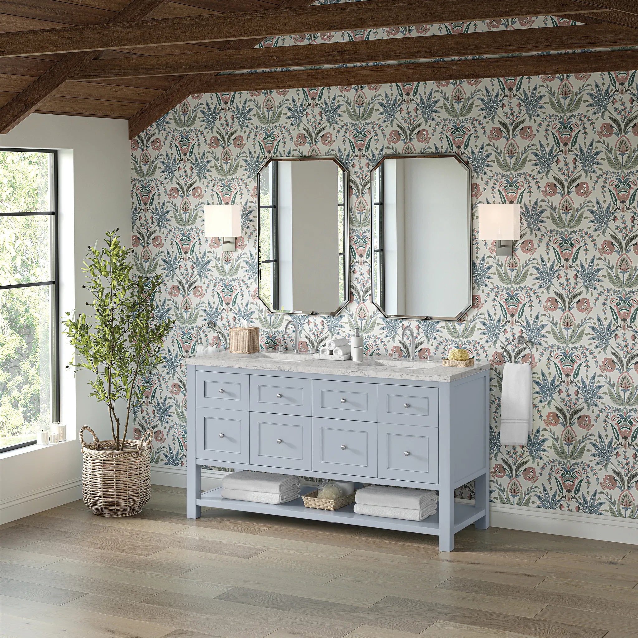 60" Breckenridge Double Vanity in Serenity Blue-Eternal Jasmine Pearl Silestone-8" Widespread image 3