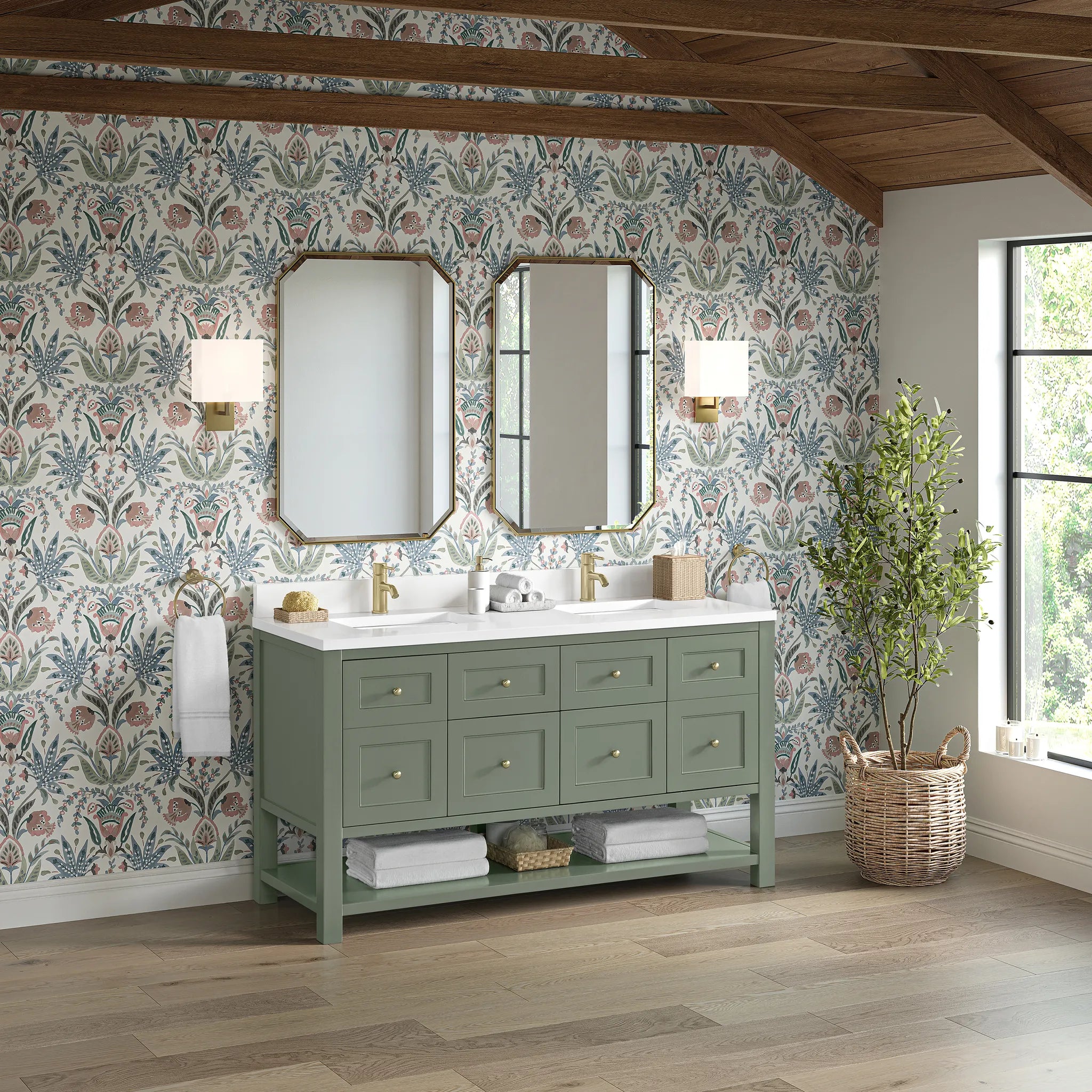 60" Breckenridge Double Vanity in Smokey Celadon-White Zeus Silestone & Backsplash-Single Hole image 3