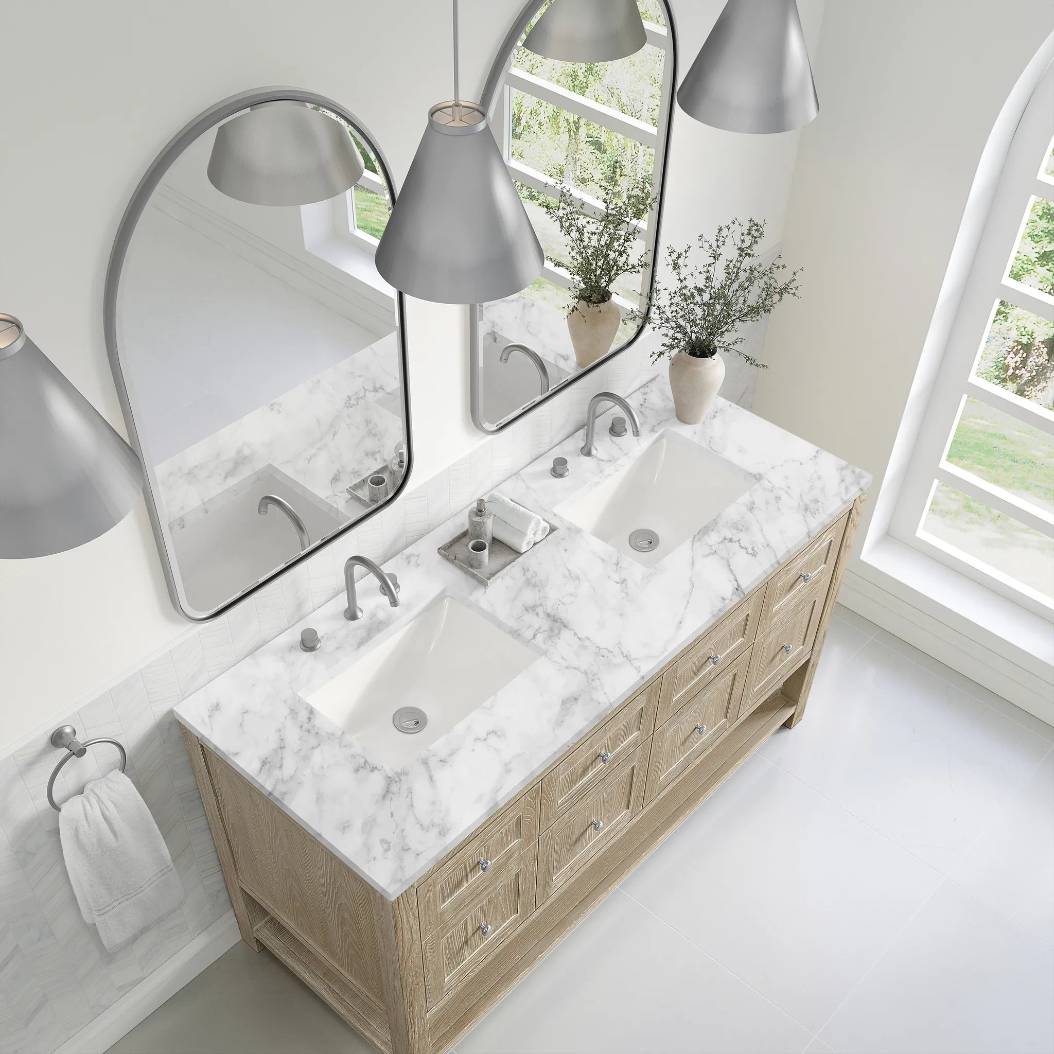 60" Breckenridge Double Vanity in Whitewashed Oak-Carrara White Marble-8" Widespread image 5