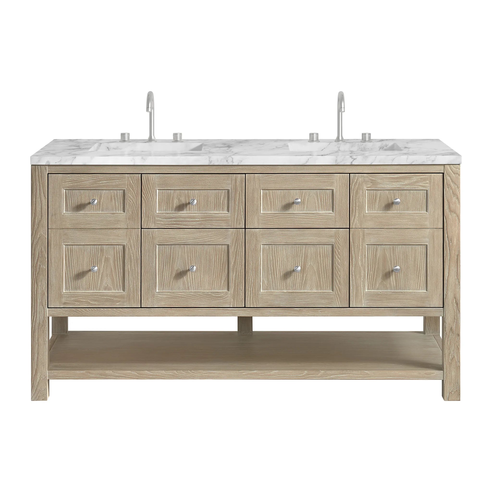 60" Breckenridge Double Vanity in Whitewashed Oak-Carrara White Marble-8" Widespread image