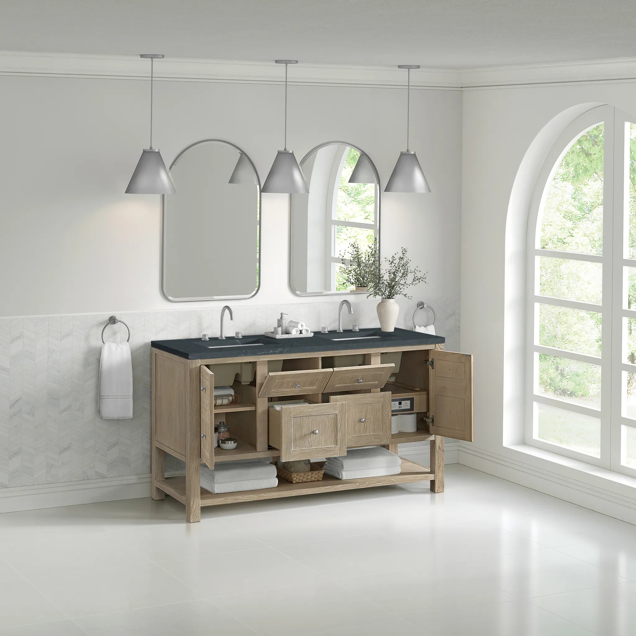 60" Breckenridge Double Vanity in Whitewashed Oak-Charcoal Soapstone Silestone-8" Widespread image 3