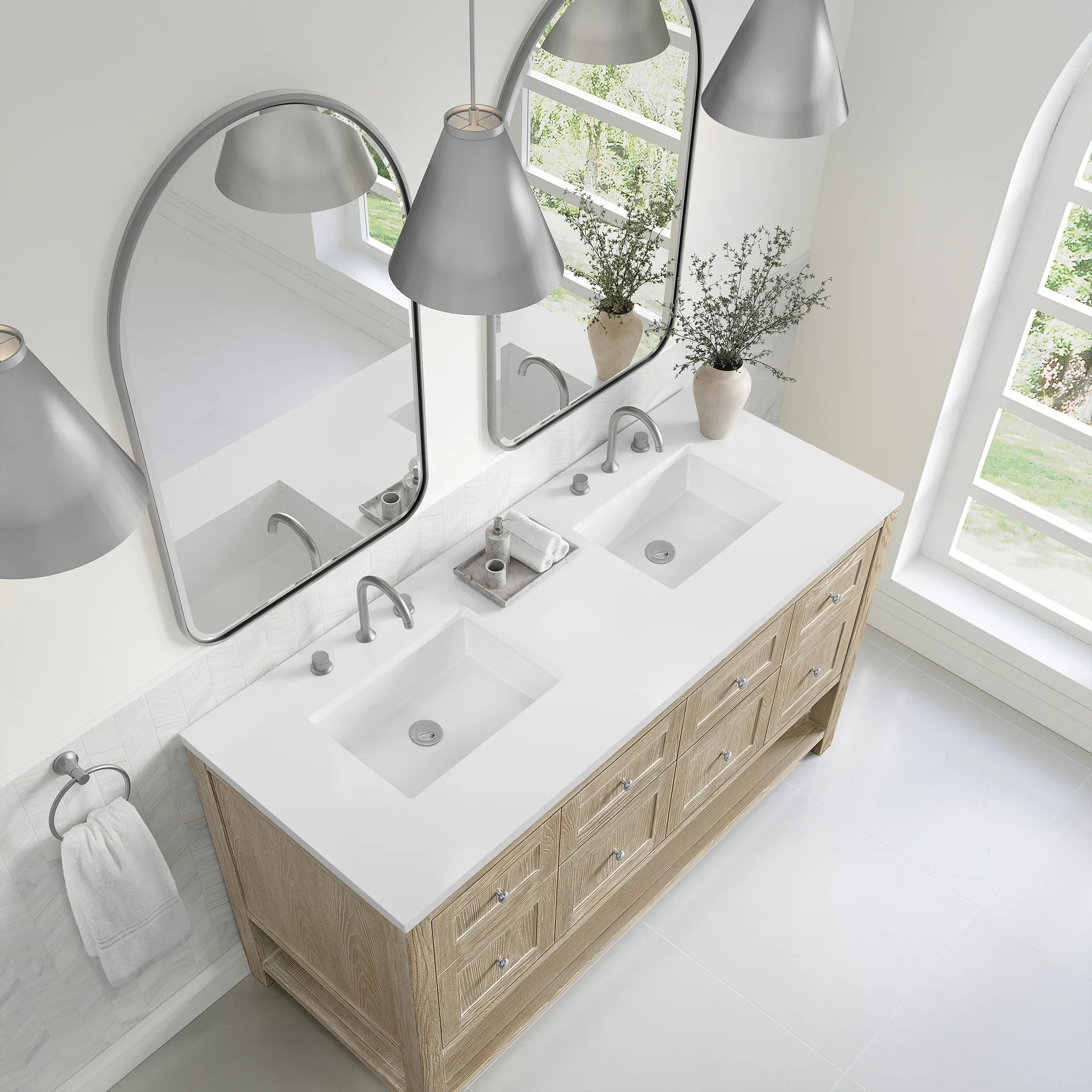 60" Breckenridge Double Vanity in Whitewashed Oak-White Zeus Silestone-8" Widespread image 5