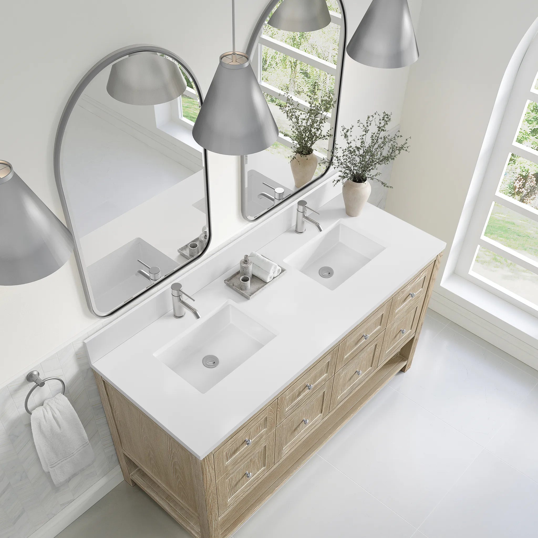 60" Breckenridge Double Vanity in Whitewashed Oak-White Zeus Silestone & Backsplash-Single Hole image 5