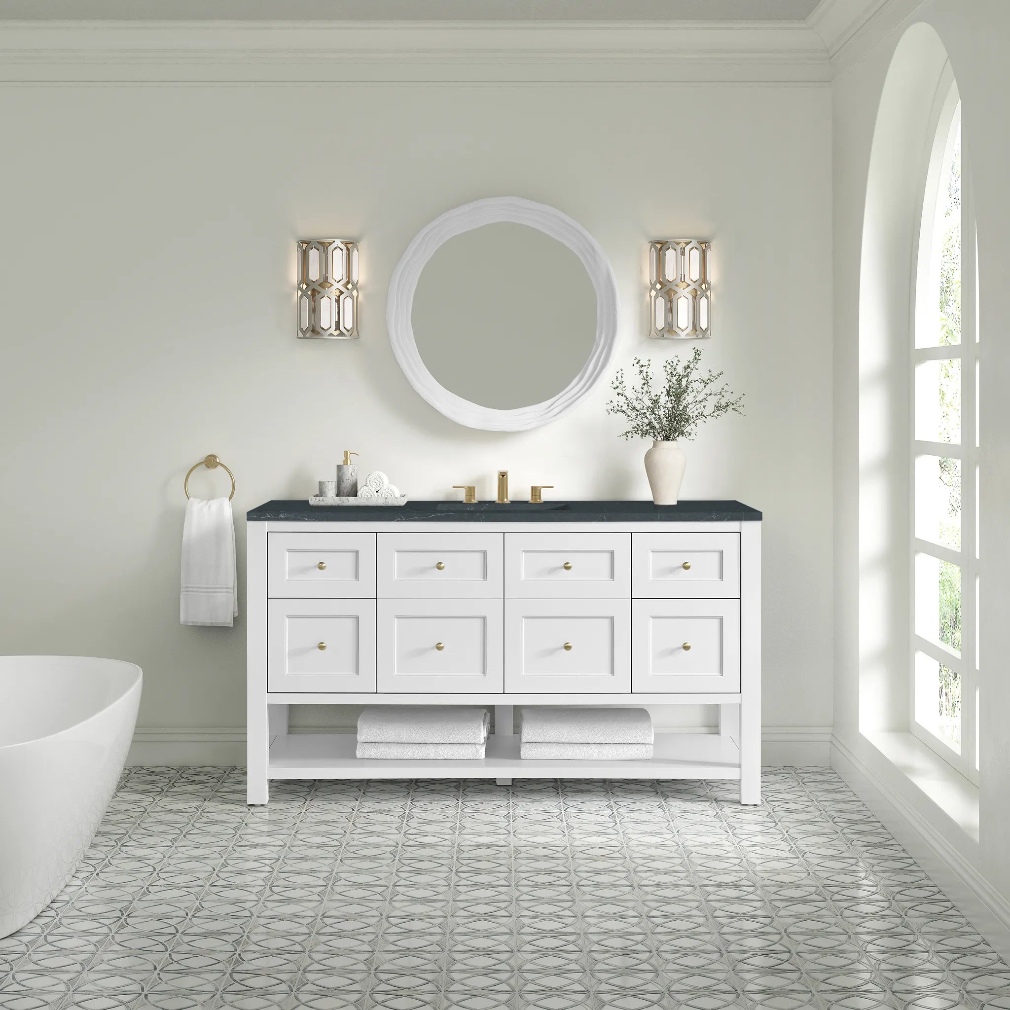60" Breckenridge Single Vanity in Bright White-Charcoal Soapstone Silestone-8" Widespread image 1
