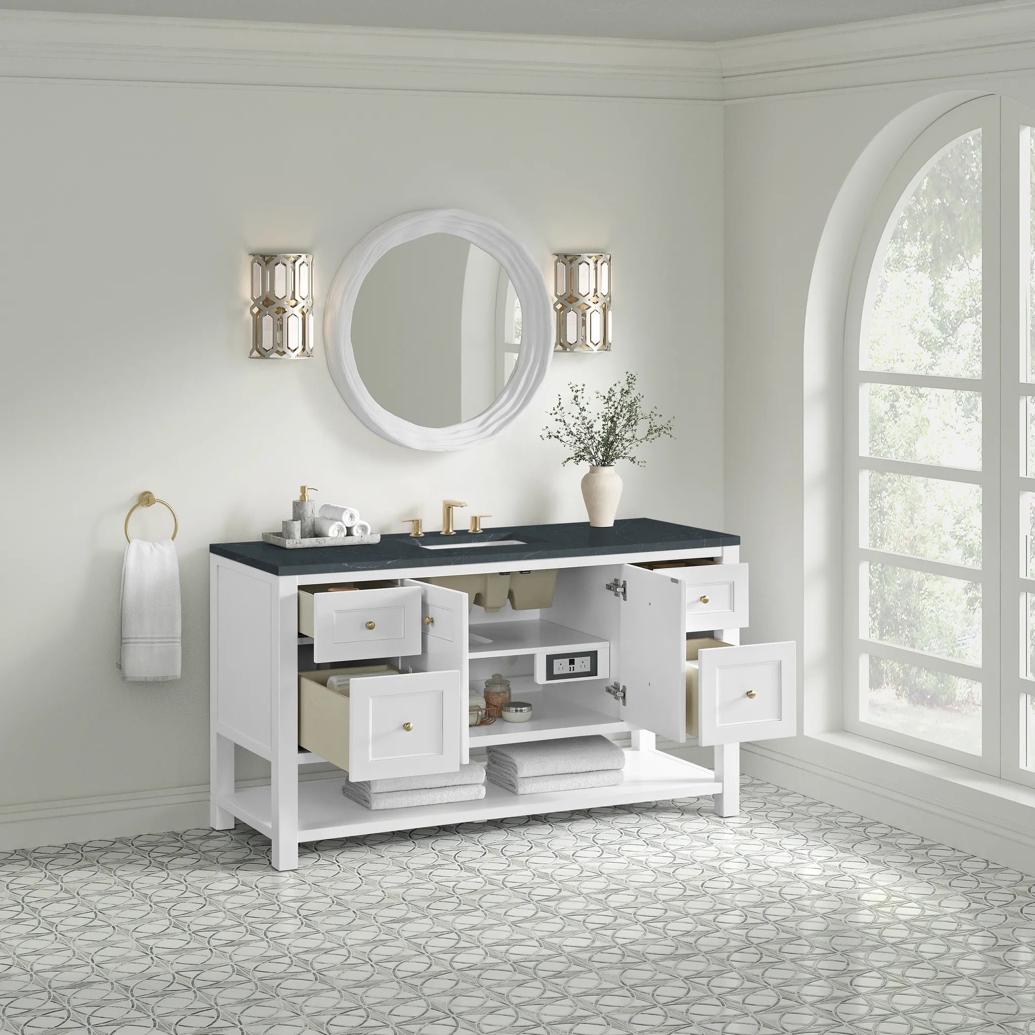 60" Breckenridge Single Vanity in Bright White-Charcoal Soapstone Silestone-8" Widespread image 3