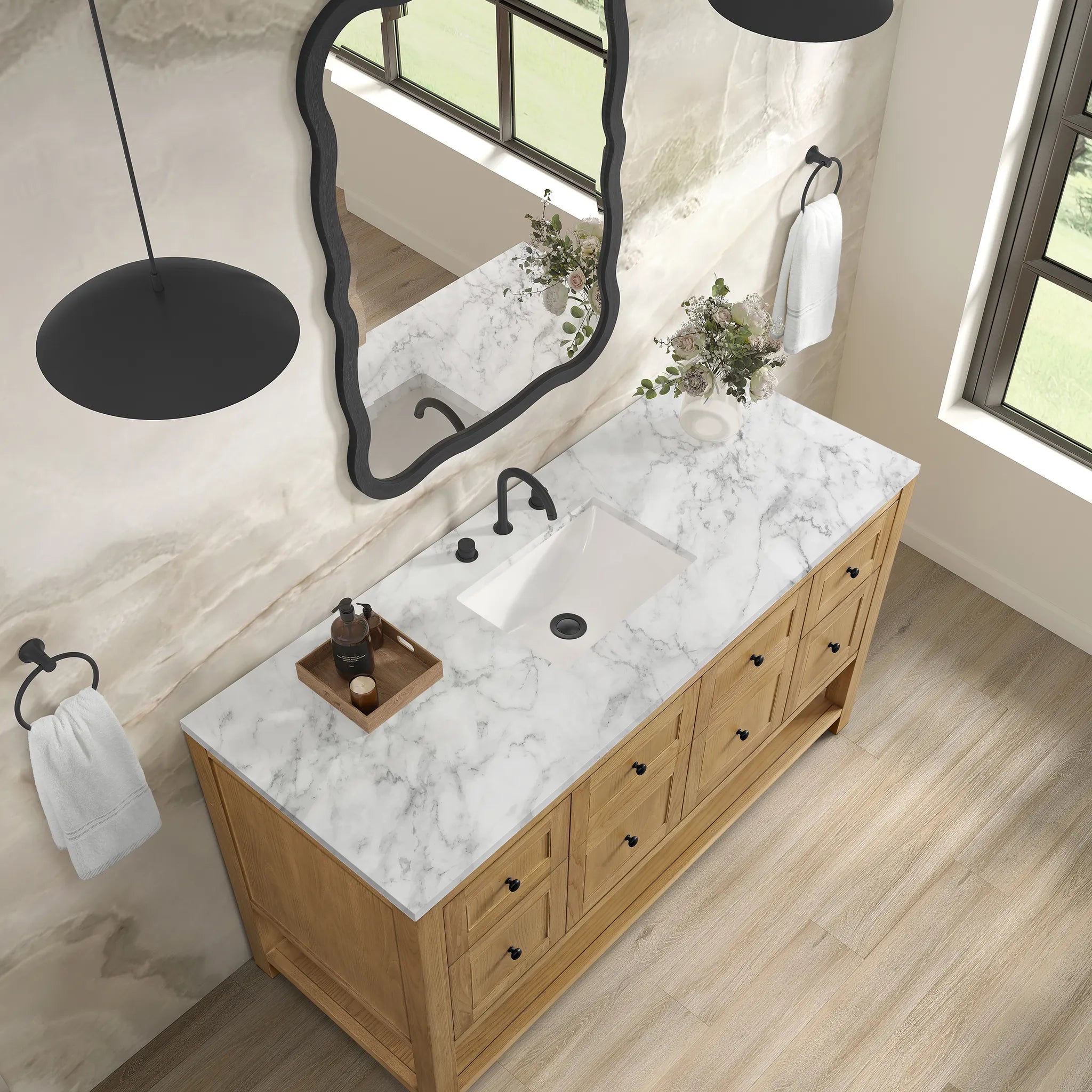 60" Breckenridge Single Vanity in Light Natural Oak-Carrara White Marble-8" Widespread image 5