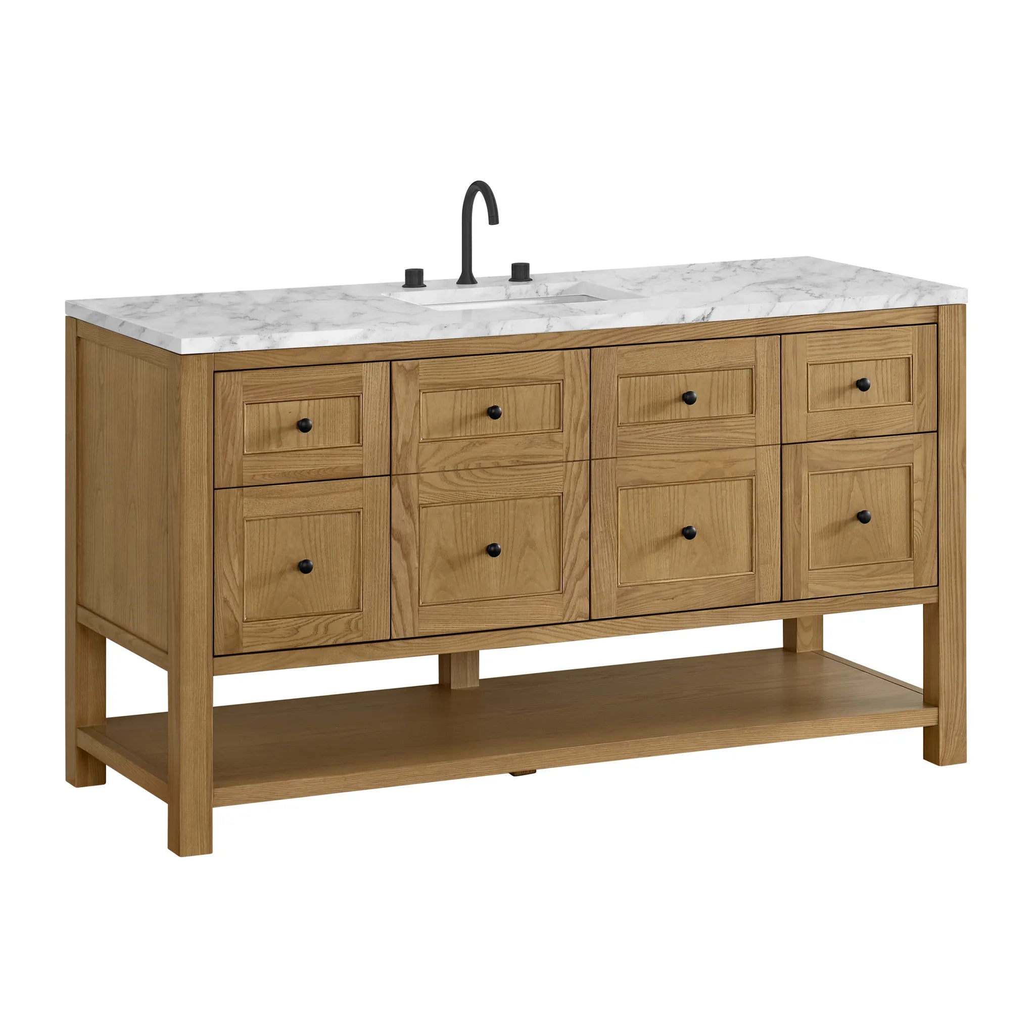 60" Breckenridge Single Vanity in Light Natural Oak-Carrara White Marble-8" Widespread image 7