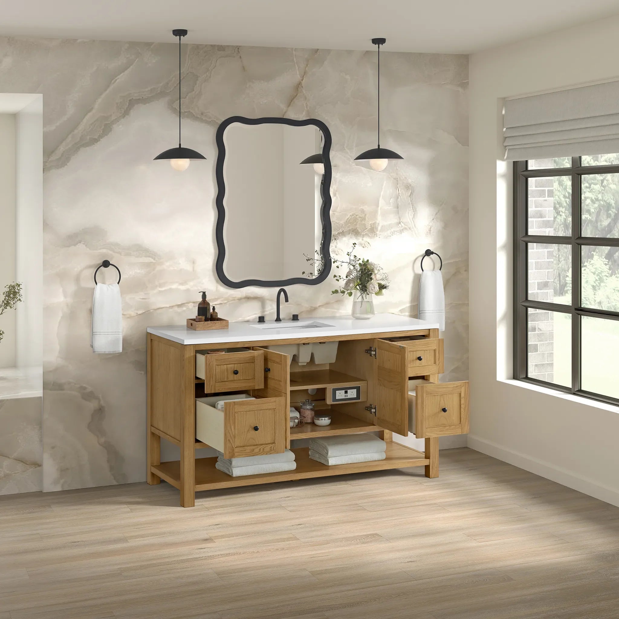 60" Breckenridge Single Vanity in Light Natural Oak-White Zeus Silestone-8" Widespread image 3