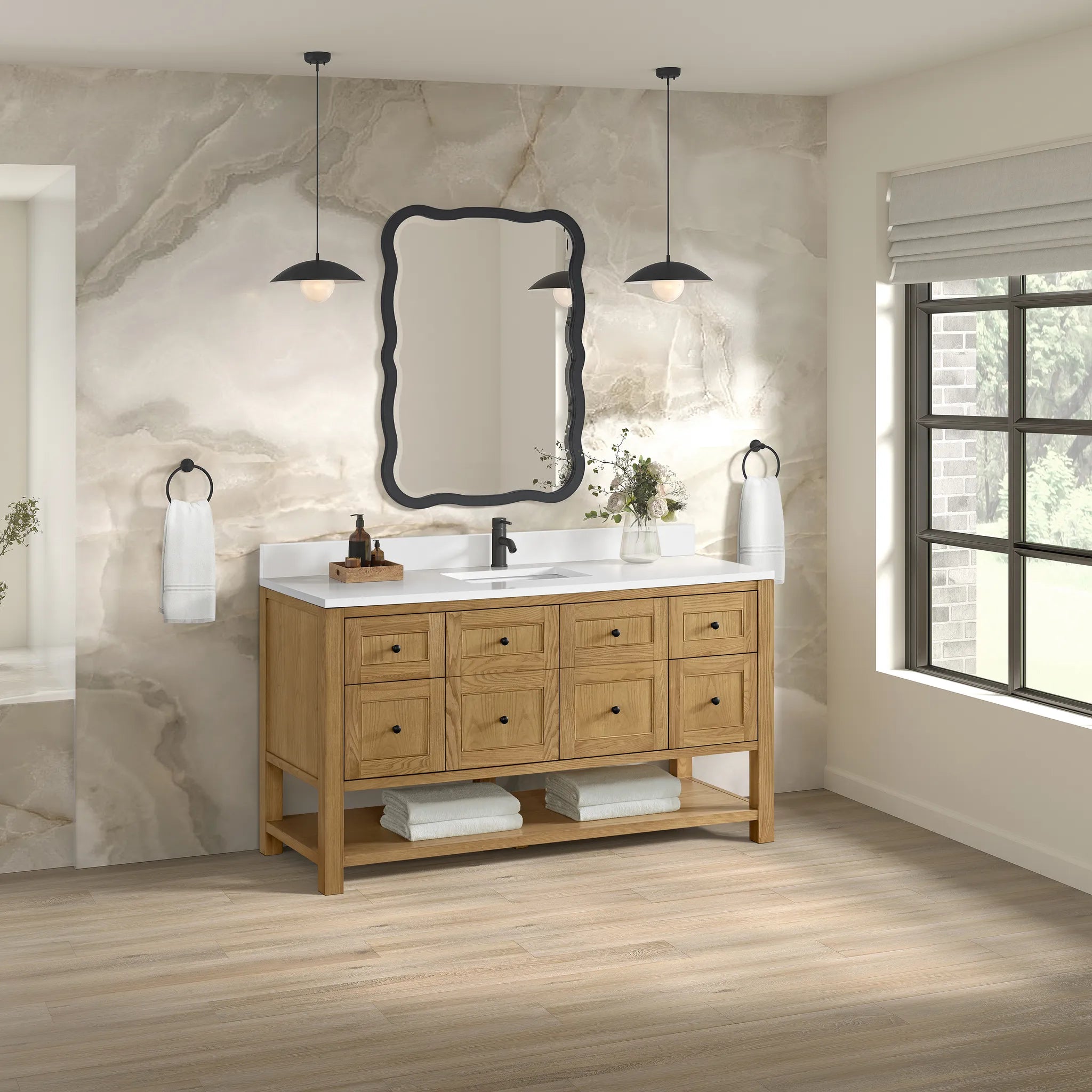 60" Breckenridge Single Vanity in Light Natural Oak-White Zeus Silestone & Backsplash-Single Hole image 2