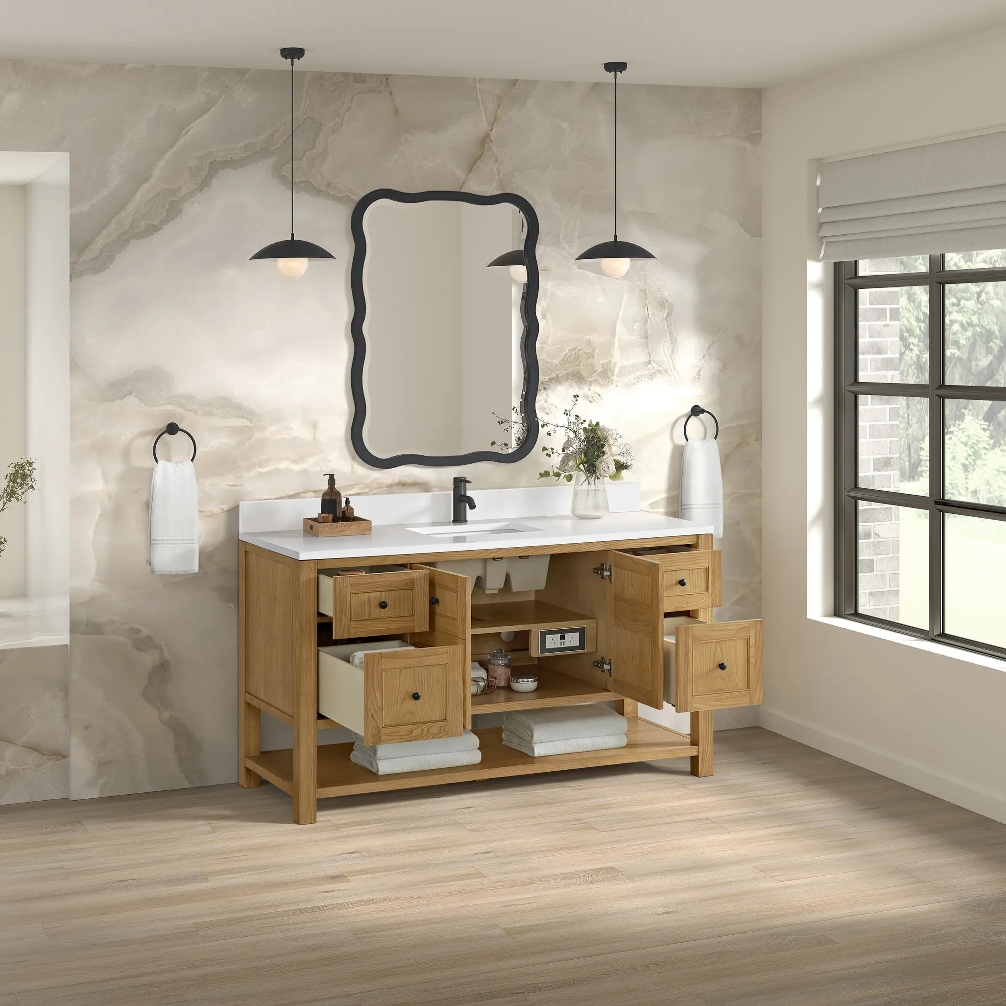 60" Breckenridge Single Vanity in Light Natural Oak-White Zeus Silestone & Backsplash-Single Hole image 3
