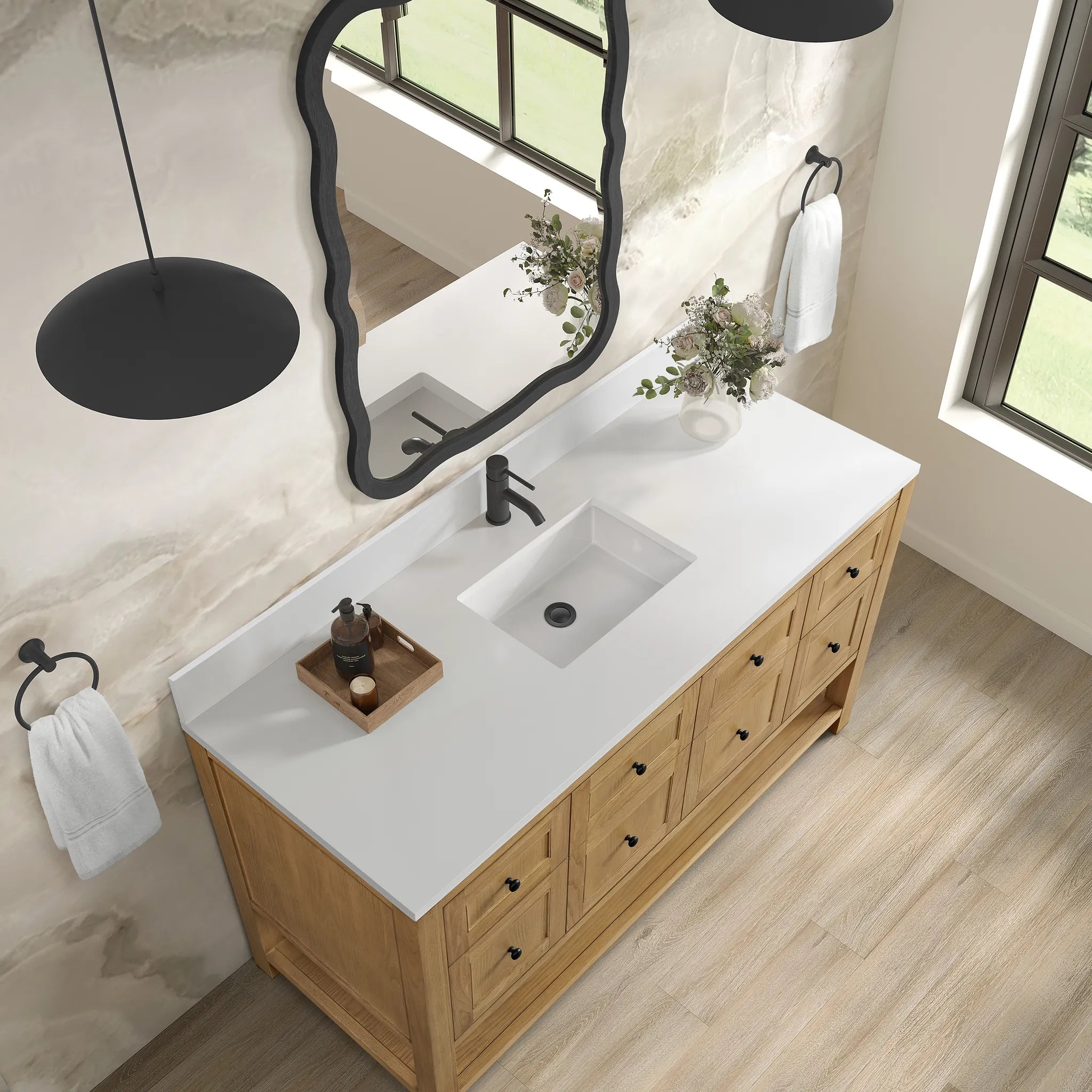 60" Breckenridge Single Vanity in Light Natural Oak-White Zeus Silestone & Backsplash-Single Hole image 5