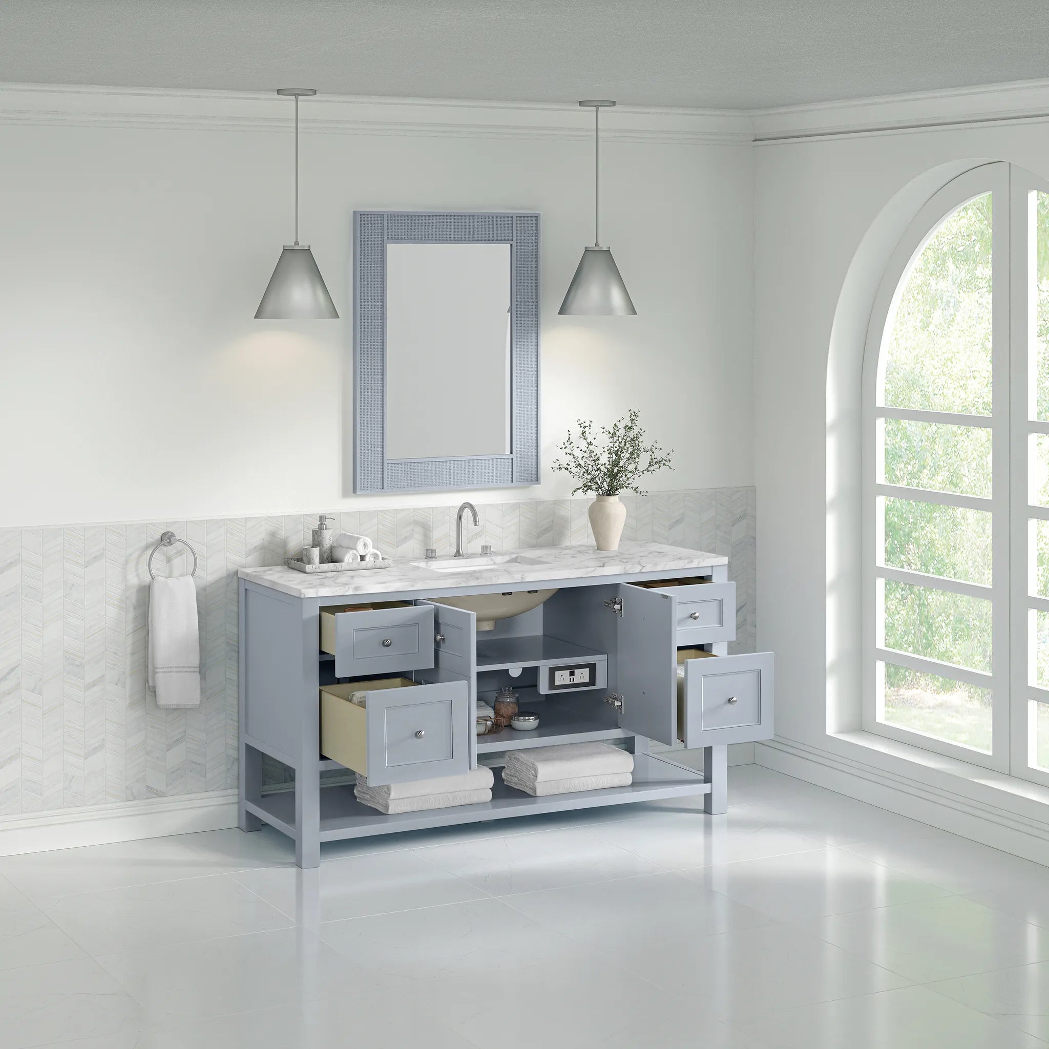 60" Breckenridge Single Vanity in Serenity Blue-Carrara White Marble-8" Widespread image 4