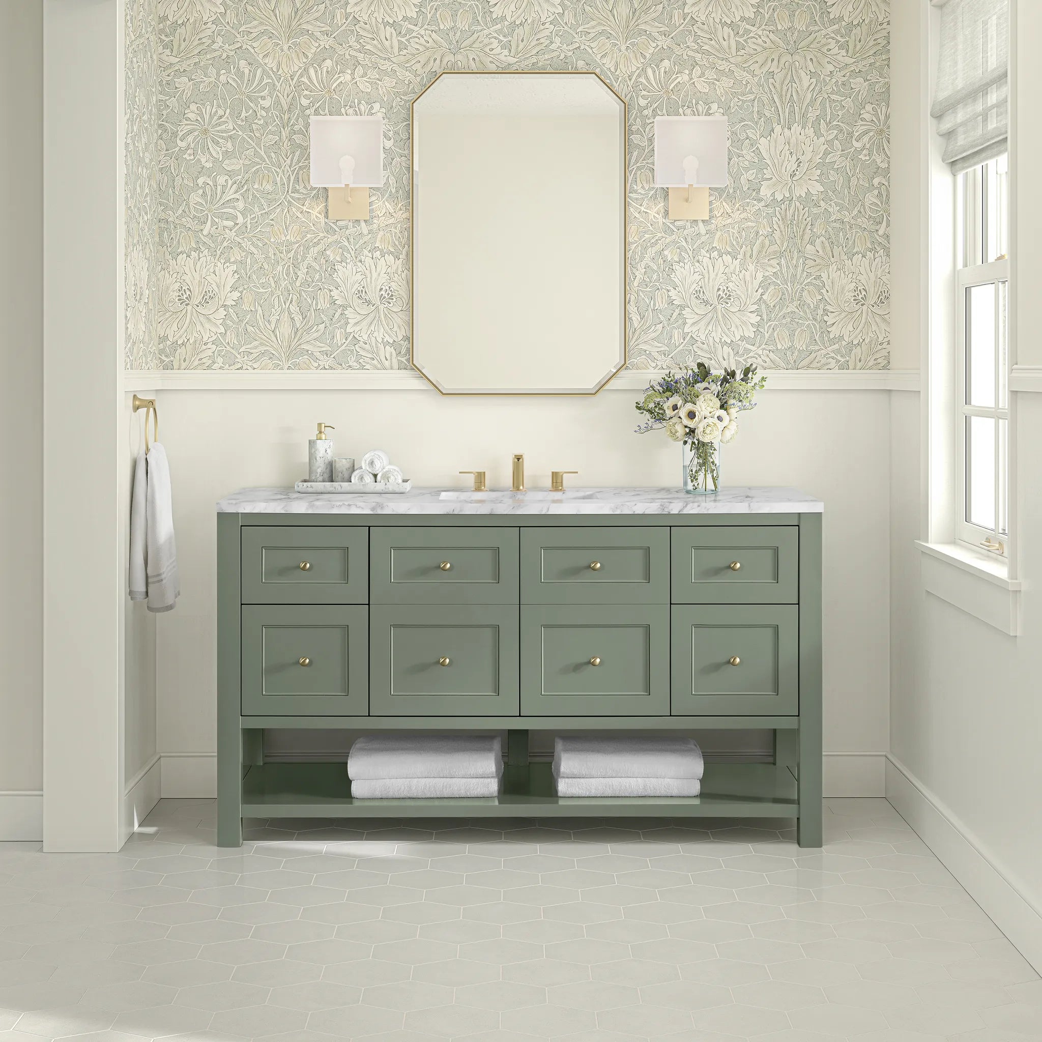60" Breckenridge Single Vanity in Smokey Celadon-Carrara White Marble-8" Widespread image 1