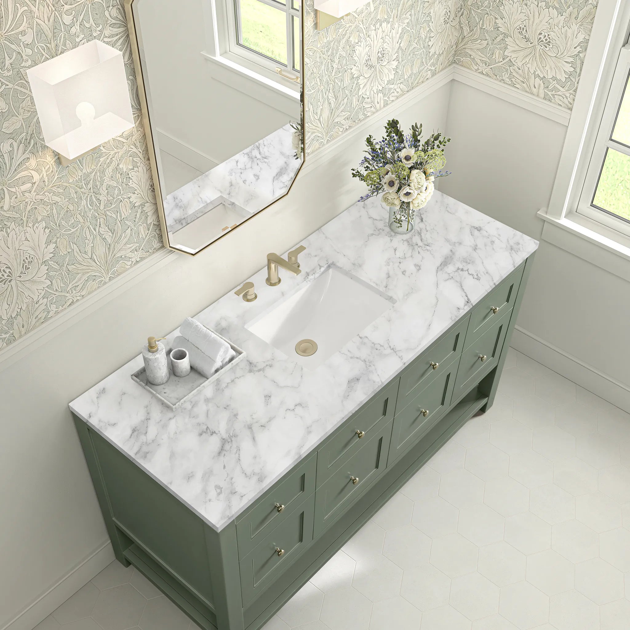 60" Breckenridge Single Vanity in Smokey Celadon-Carrara White Marble-8" Widespread image 5