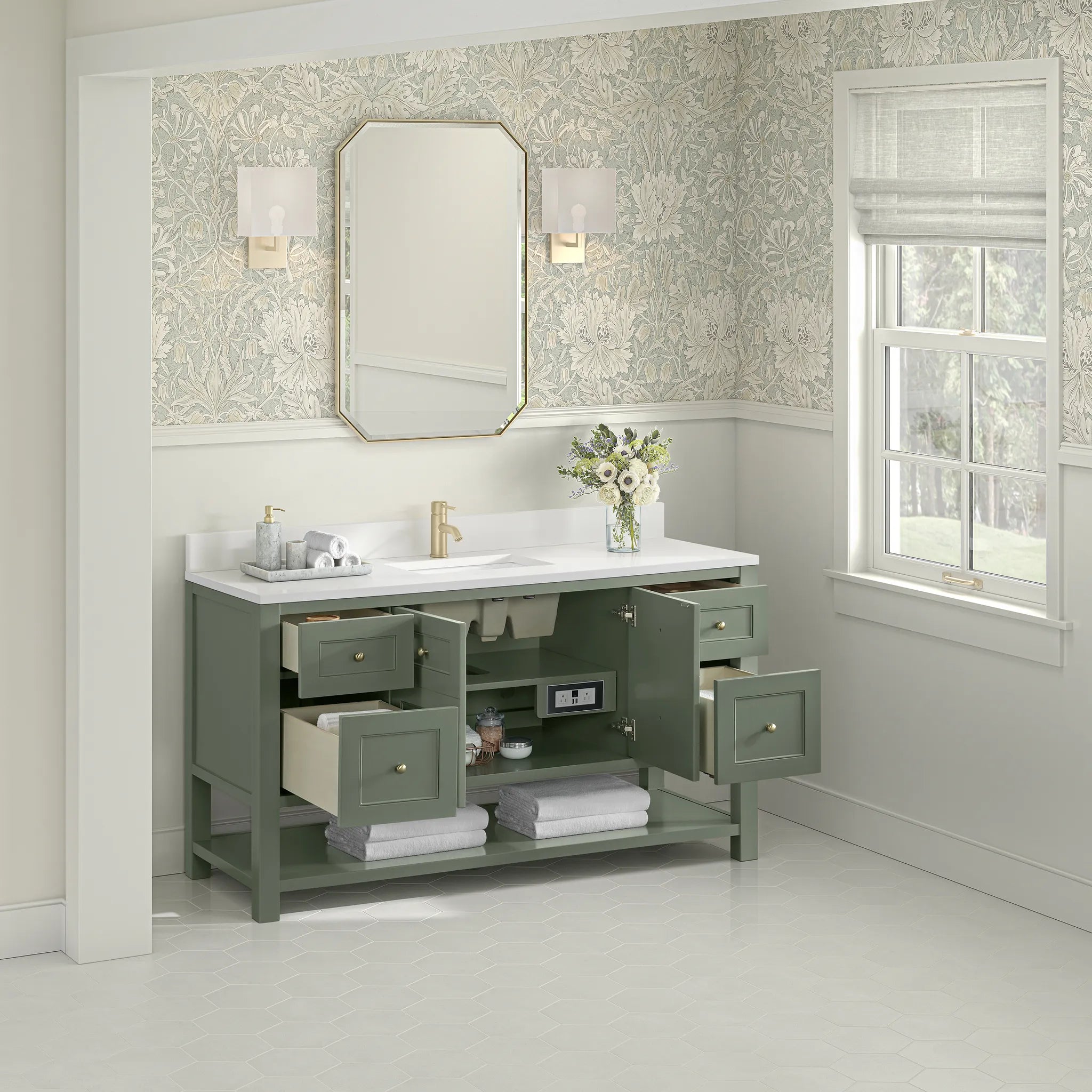 60" Breckenridge Single Vanity in Smokey Celadon-White Zeus Silestone & Backsplash-Single Hole image 3
