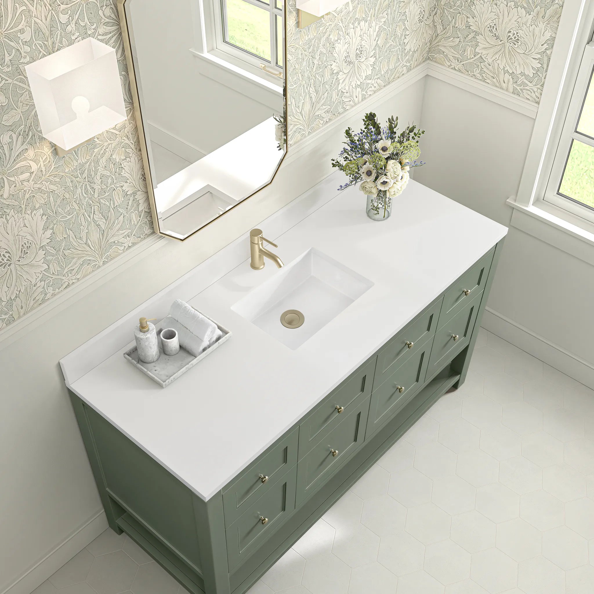 60" Breckenridge Single Vanity in Smokey Celadon-White Zeus Silestone & Backsplash-Single Hole image 5