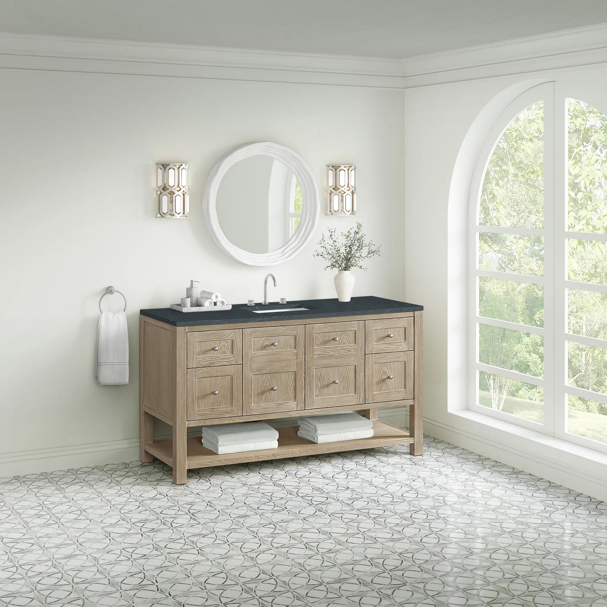 60" Breckenridge Single Vanity in Whitewashed Oak-Charcoal Soapstone Silestone-8" Widespread image 2