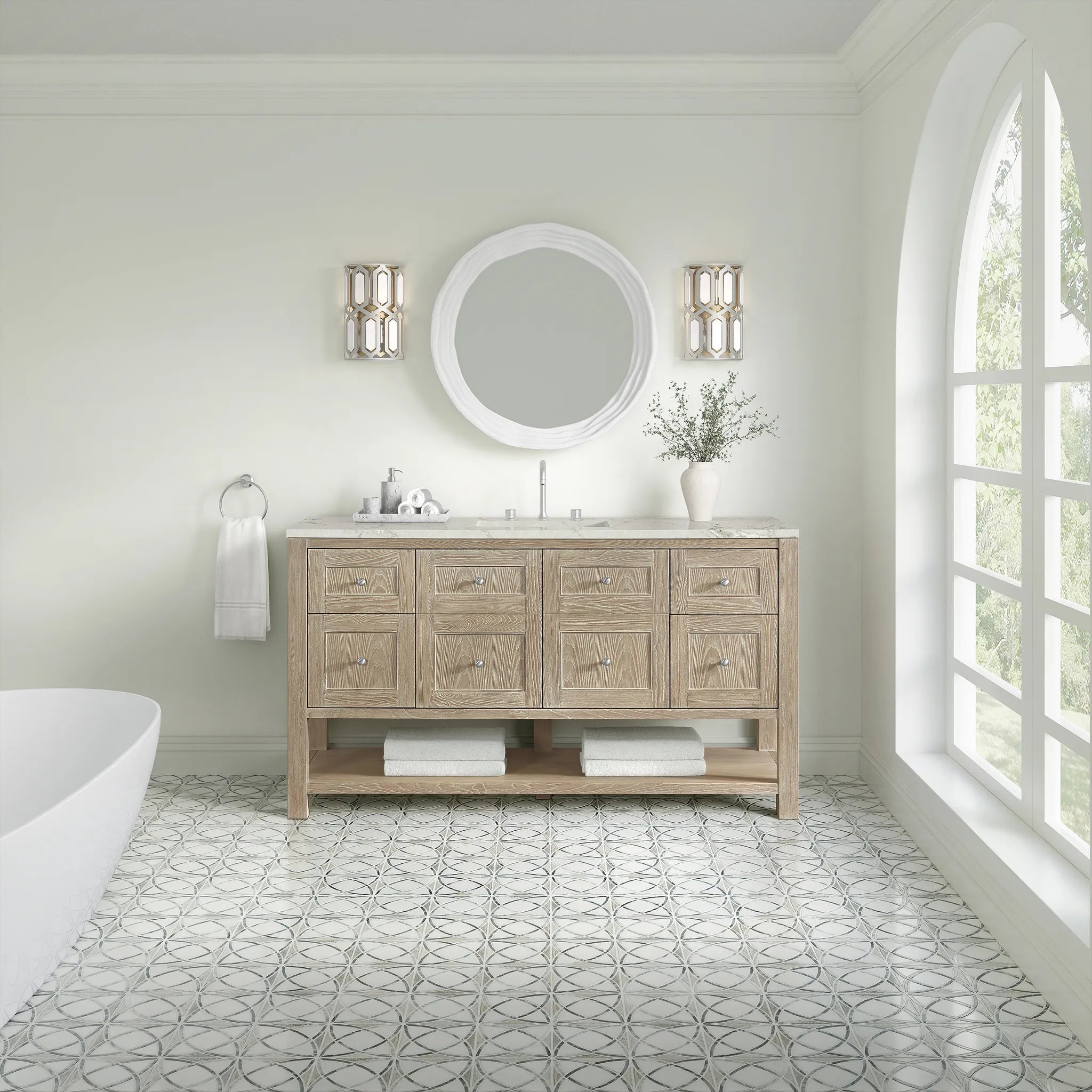 60" Breckenridge Single Vanity in Whitewashed Oak-Victorian Silver Silestone-8" Widespread image 1