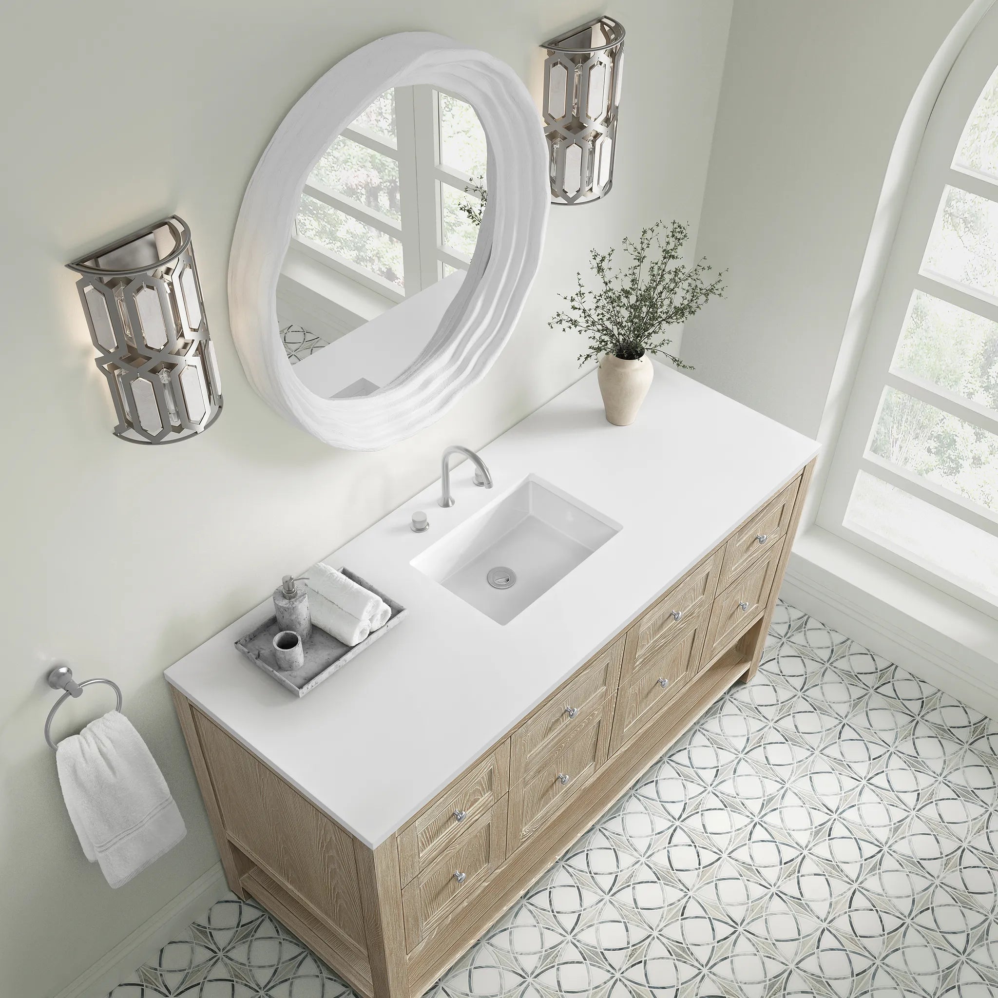 60" Breckenridge Single Vanity in Whitewashed Oak-White Zeus Silestone-8" Widespread image 5
