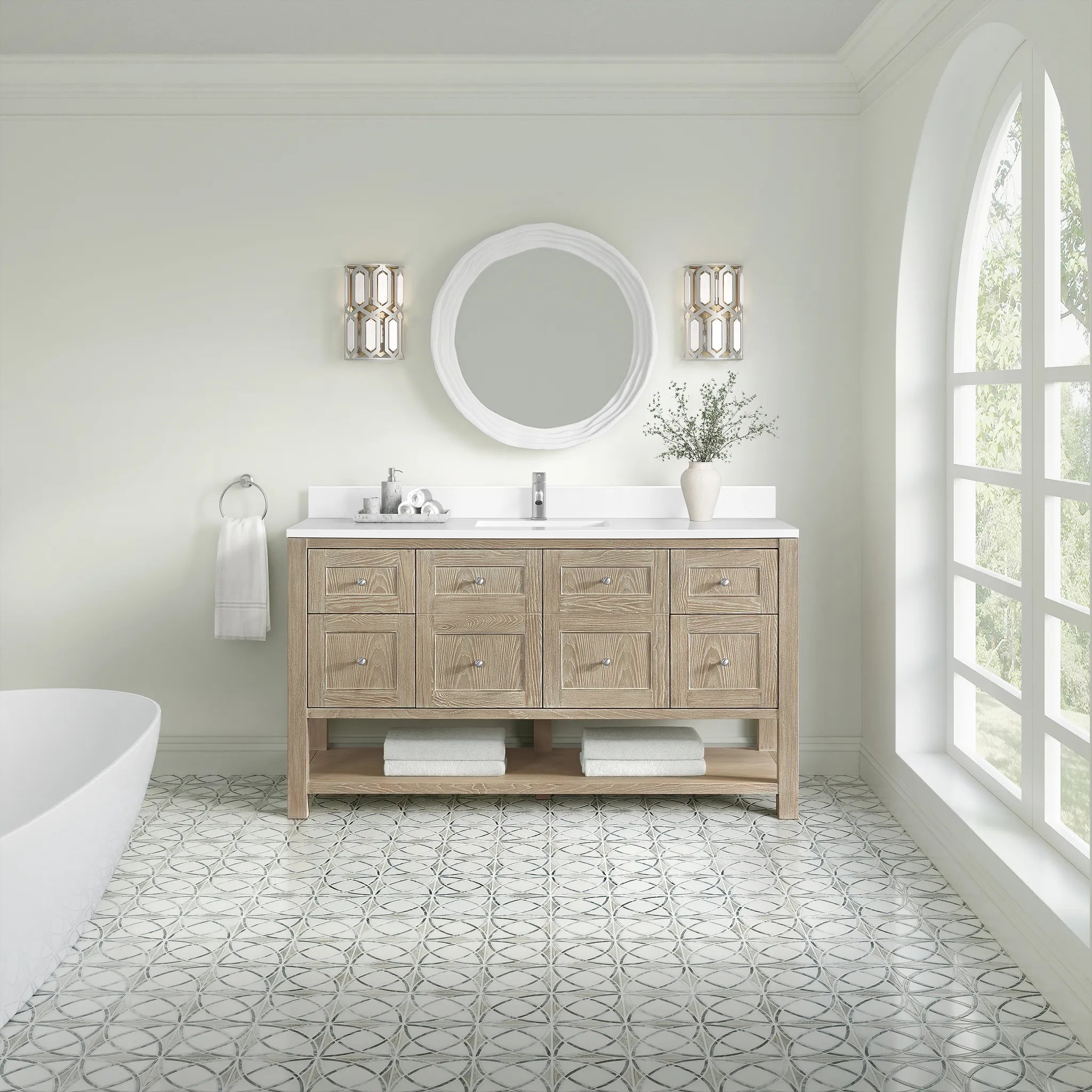 60" Breckenridge Single Vanity in Whitewashed Oak-White Zeus Silestone & Backsplash-Single Hole image 1