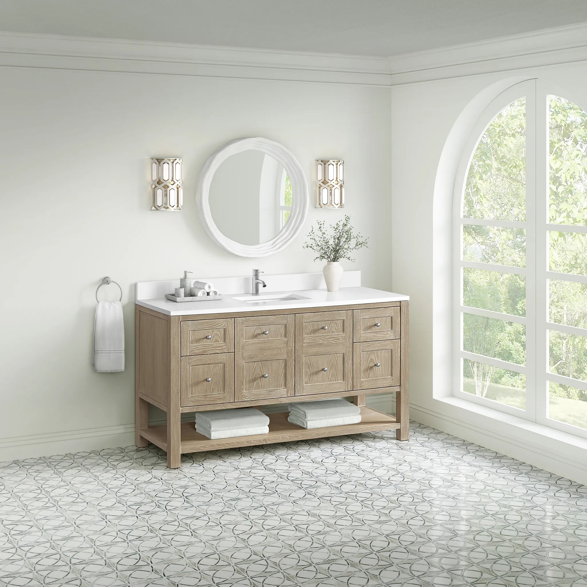 60" Breckenridge Single Vanity in Whitewashed Oak-White Zeus Silestone & Backsplash-Single Hole image 2