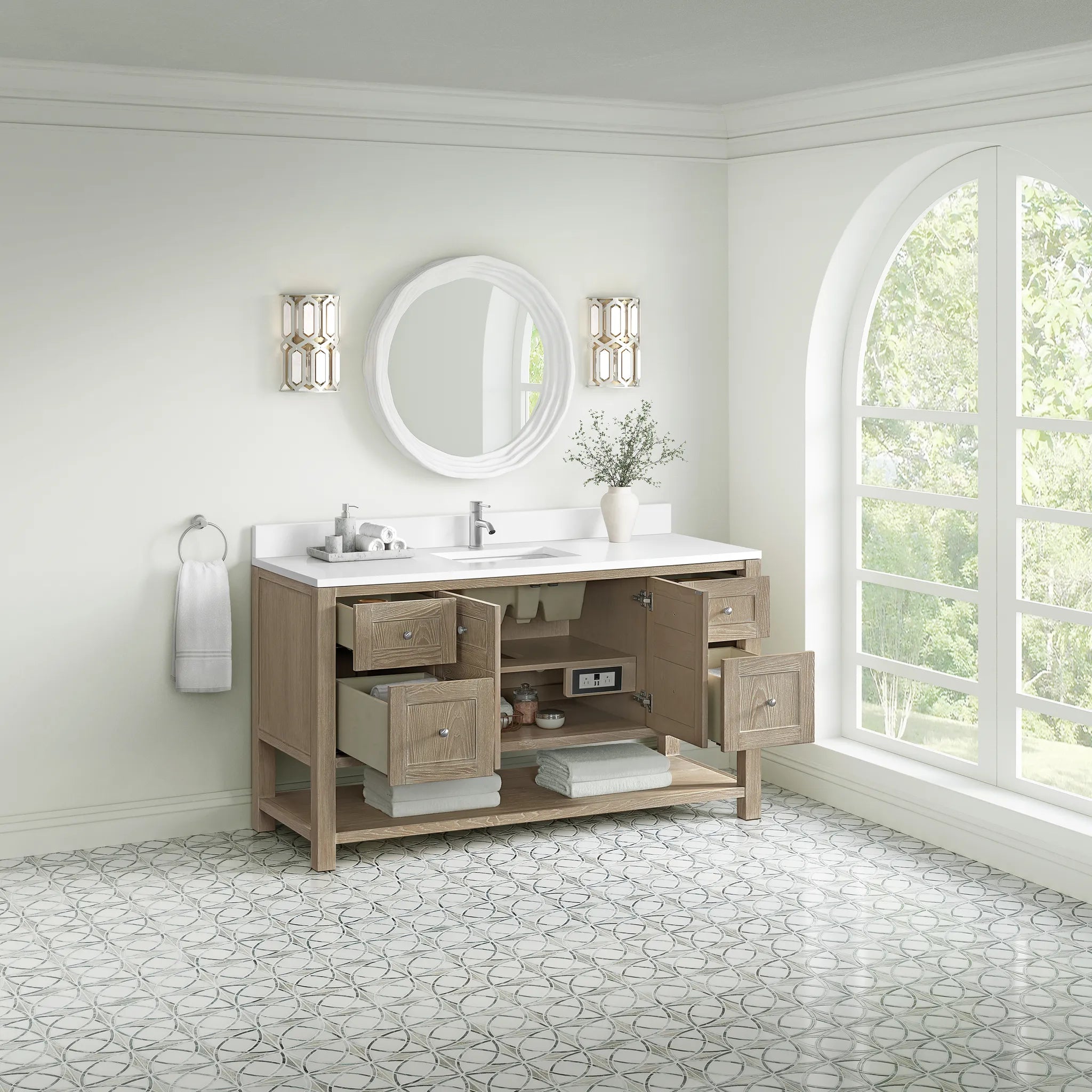 60" Breckenridge Single Vanity in Whitewashed Oak-White Zeus Silestone & Backsplash-Single Hole image 3