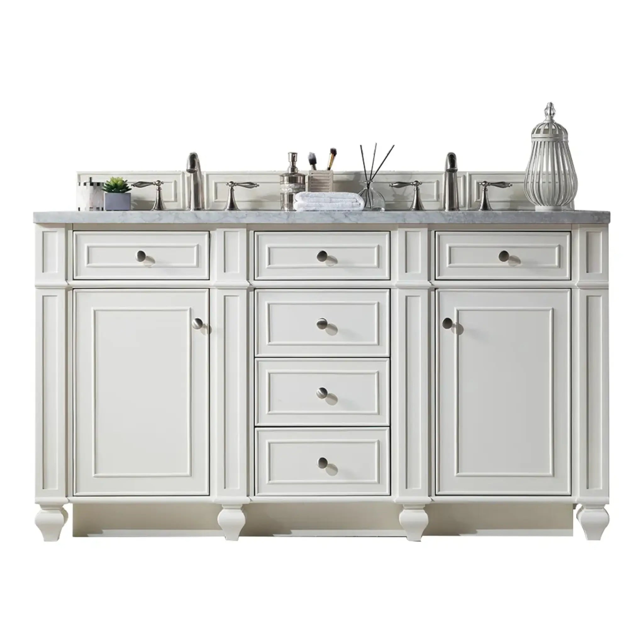 60" Bristol Double Vanity in Bright White-Carrara White Marble-8" Widespread image