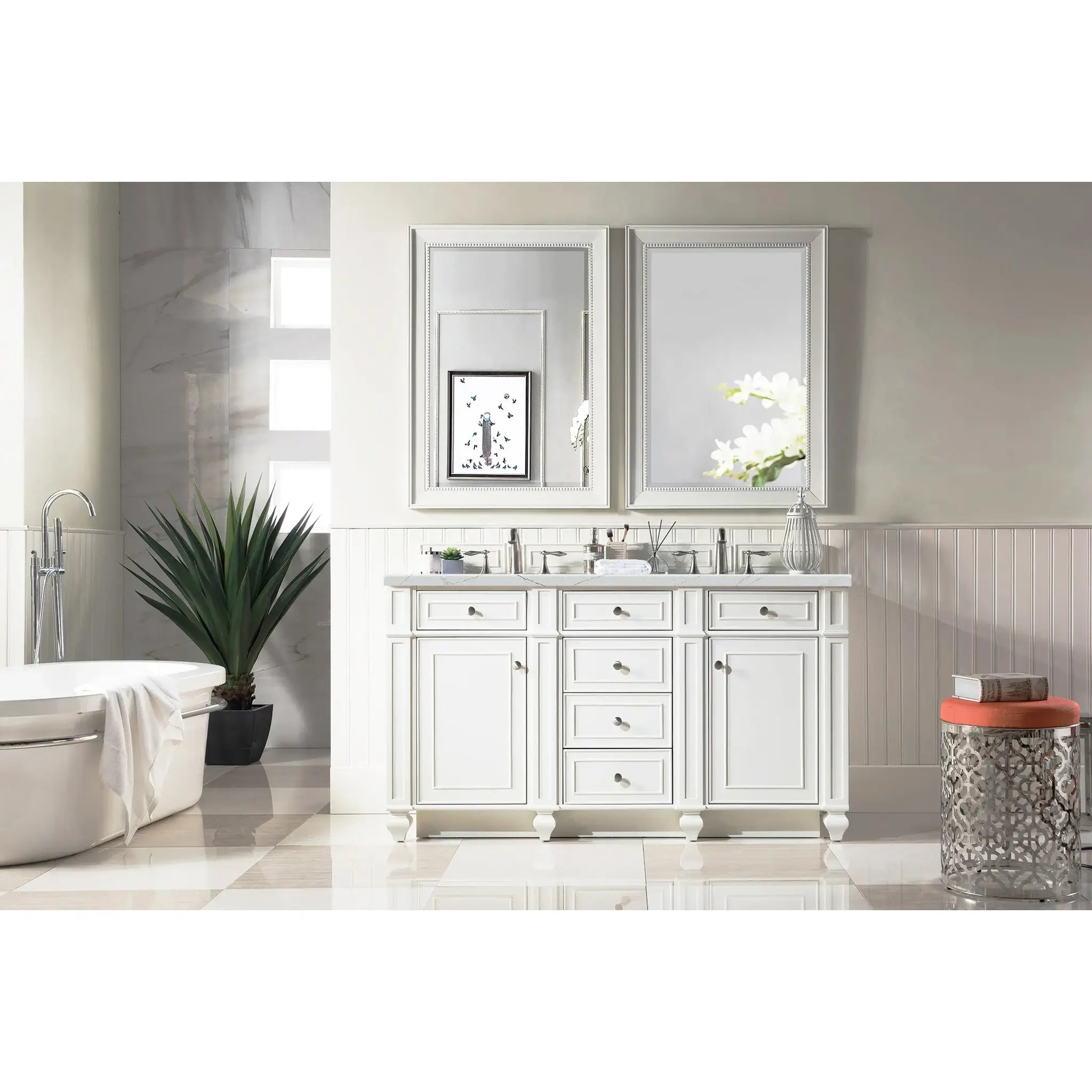 60" Bristol Double Vanity in Bright White w/FreePower Wireless Charger-Ethereal Noctis Silestone-8" Widespread image 4