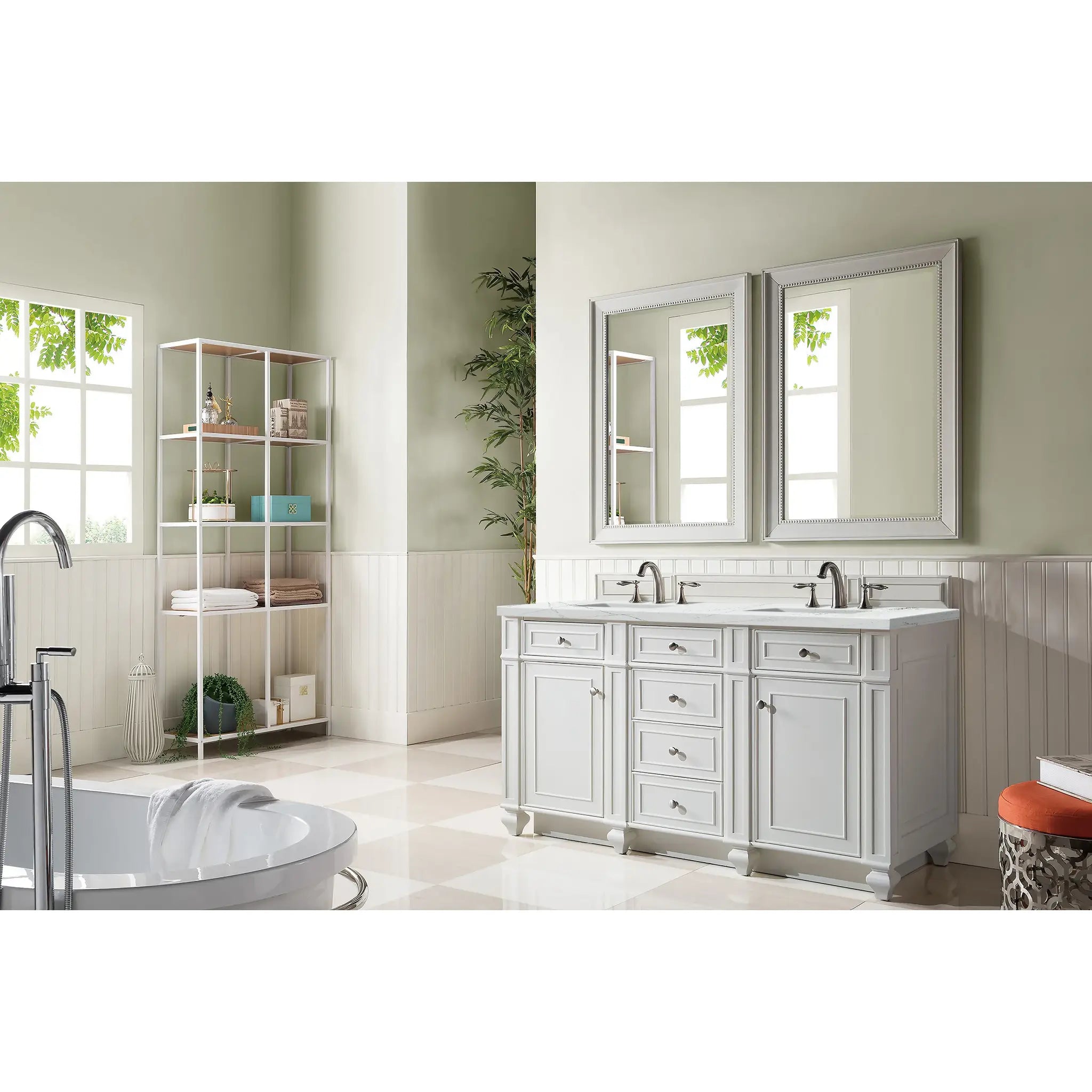 60" Bristol Double Vanity in Bright White w/FreePower Wireless Charger-Ethereal Noctis Silestone-8" Widespread image 5
